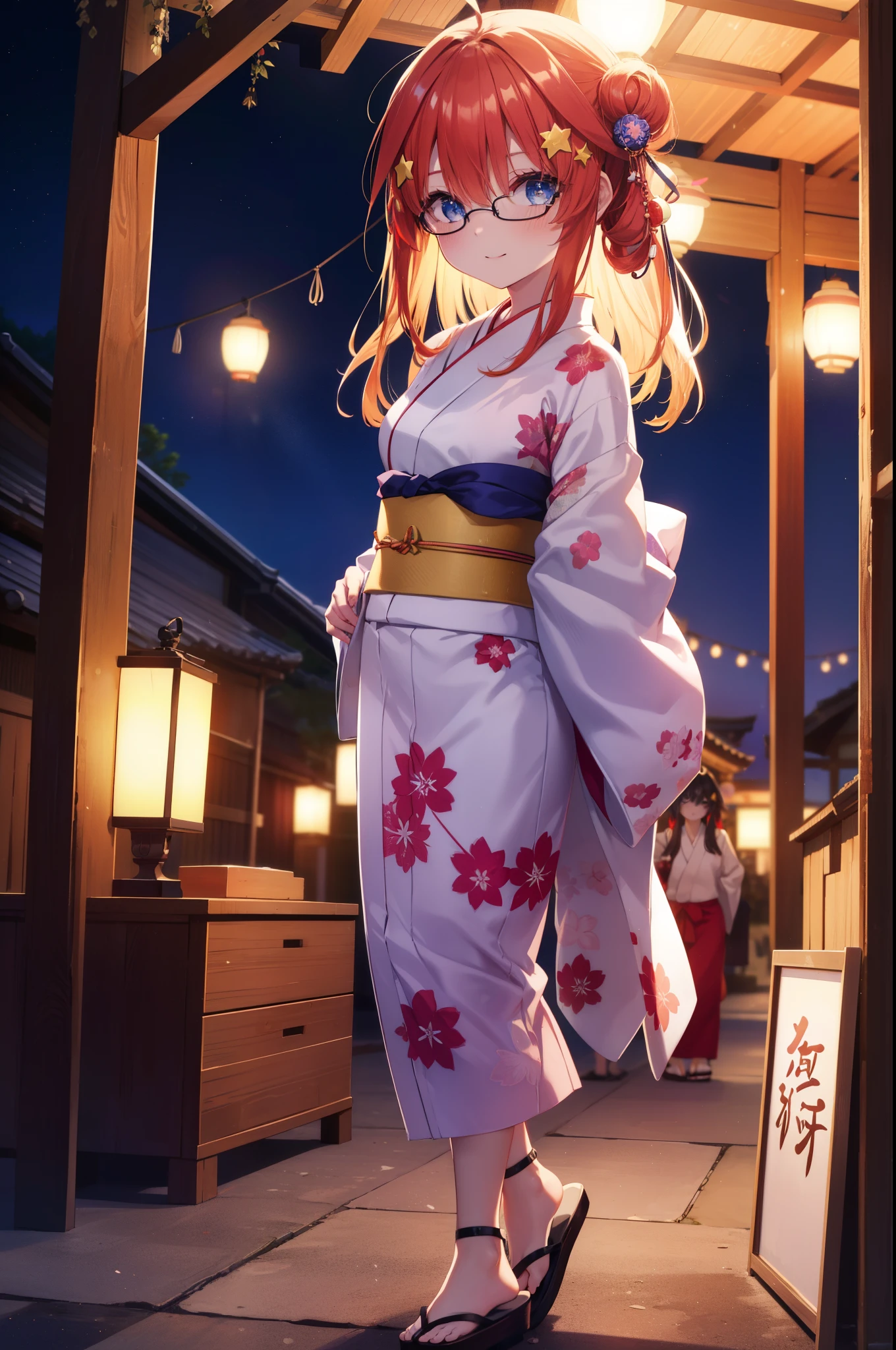 itsukinakano, Itsuki Nakano, bangs, blue eyes, hair between eyes, Ahoge, redhead, star \(symbol\), hair ornaments, star hair ornaments,open your mouth,Akabu glasses,smile,blush,happy atmosphere,long hair,hair tied back,put both arms behind one&#39;s back,red floral pattern yukata,,Zori sandals,japanese festival,summer festival stalls,Red lantern,night,walking,So that the whole body goes into the illustration,
break indoors, shrine,
break (masterpiece:1.2), highest quality, High resolution, unity 8k wallpaper, (figure:0.8), (detailed and beautiful eyes:1.6), highly detailed face, perfect lighting, Very detailed CG, (perfect hands, perfect anatomy),