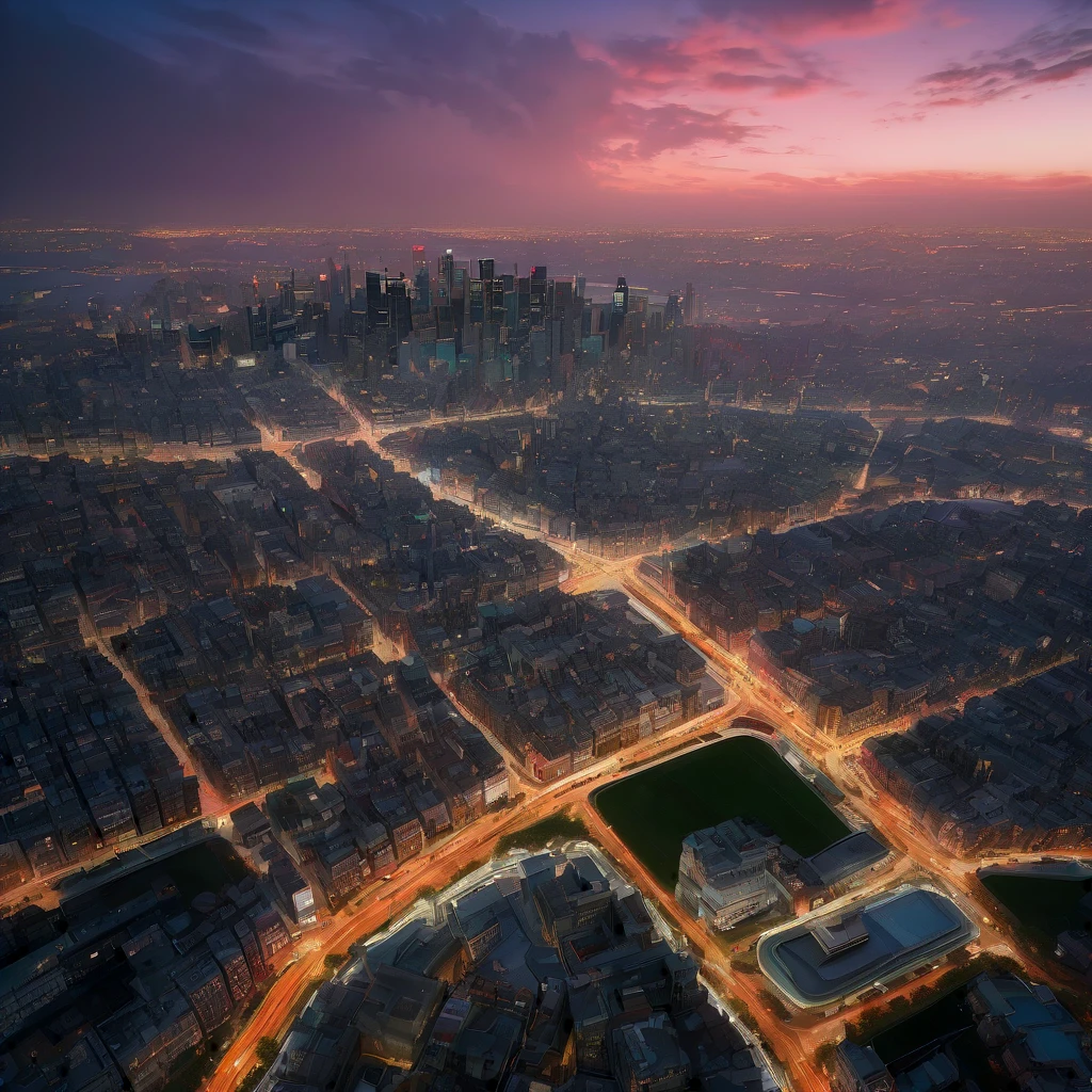 Aerial View, aesthetic, extremely detailed, color photo of Aerial View,vivid hues,sharp contrasts,majestic landscapes below,snaking rivers,patchwork fields,urban sprawl,sun glinting off skyscrapers,plush greenery,distant mountains,shifting clouds,scarce shadows,nature's tapestry from above,night descending,transition from daylight to dusk,artificial lights flickering to life,twilight's final embers,velvety darkness enveloping,skyline silhouettes,ambient city glow,subdued tones,ethereal tranquility,Canon EOS 5D Mark IV,Kodak Portra 160 film,24-70mm f/2.8L lens,long exposure,high altitude stabilization,David Lynch,Stanley Kubrick,Wes Anderson,Vivienne Westwood,Alexander McQueen,Tim Walker