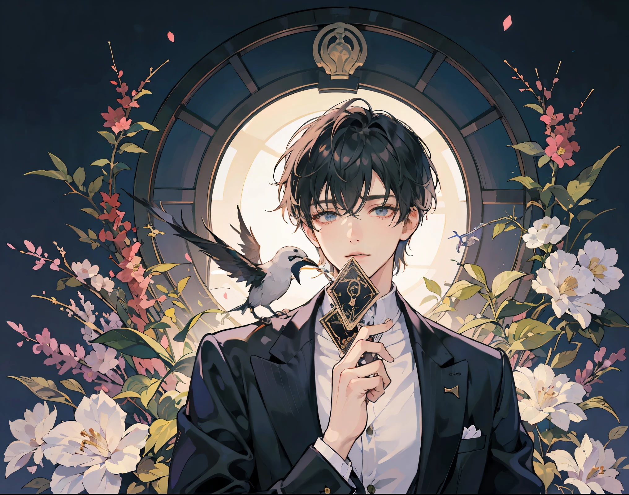 man with tarot cards,Covering mouth with cards,Inner is white, jacket is black, The background is a flower field in the evening