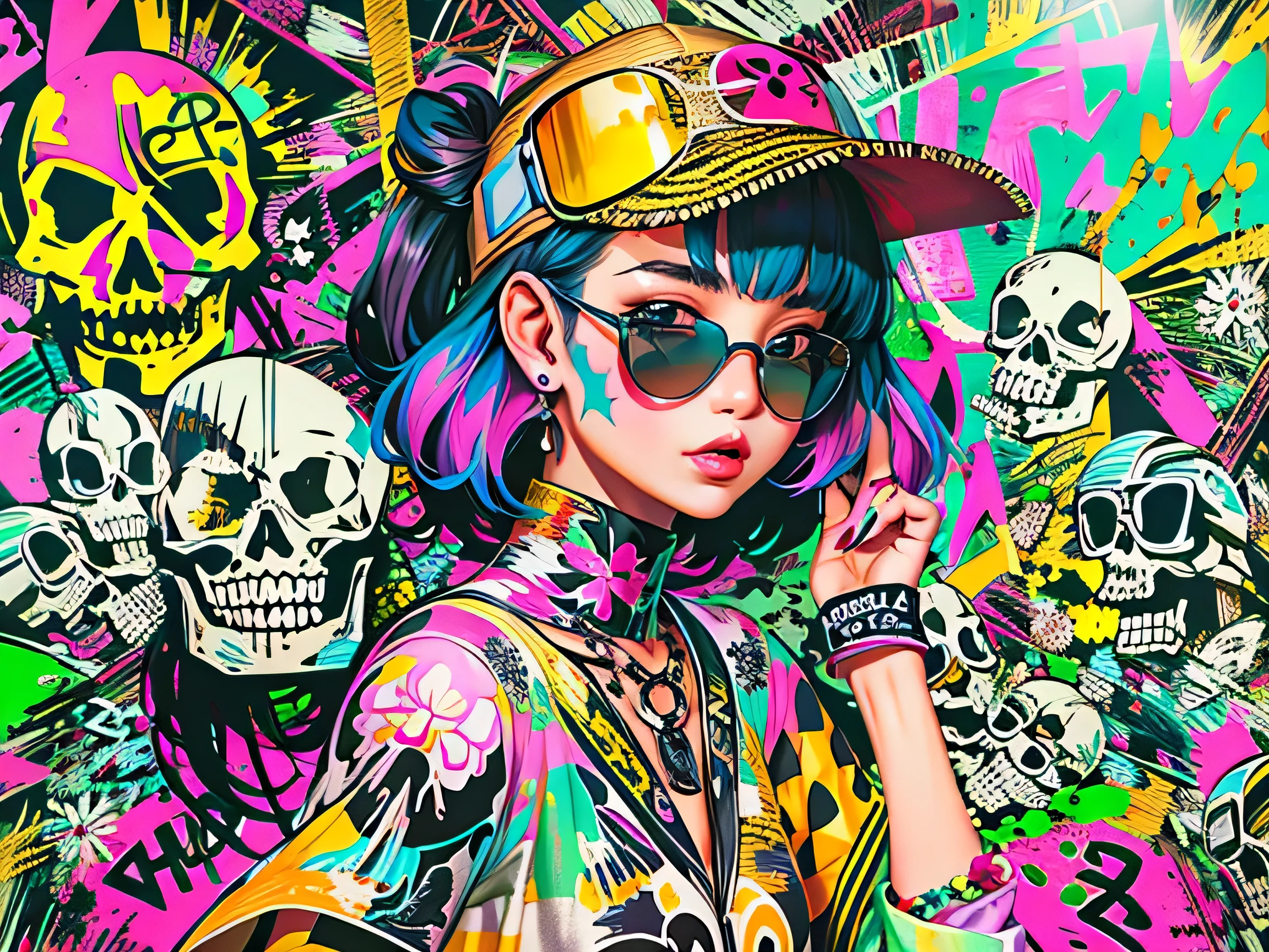 8K resolution、((highest quality))、((masterpiece))、((Super detailed))、1 female、alone、The strongest beautiful girl of all time、((incredibly absurd))、(((Stylish sunglasses))), Stylish hats, lips in love、neon、bob hair、 (((skull graffiti art))), colorful hair,