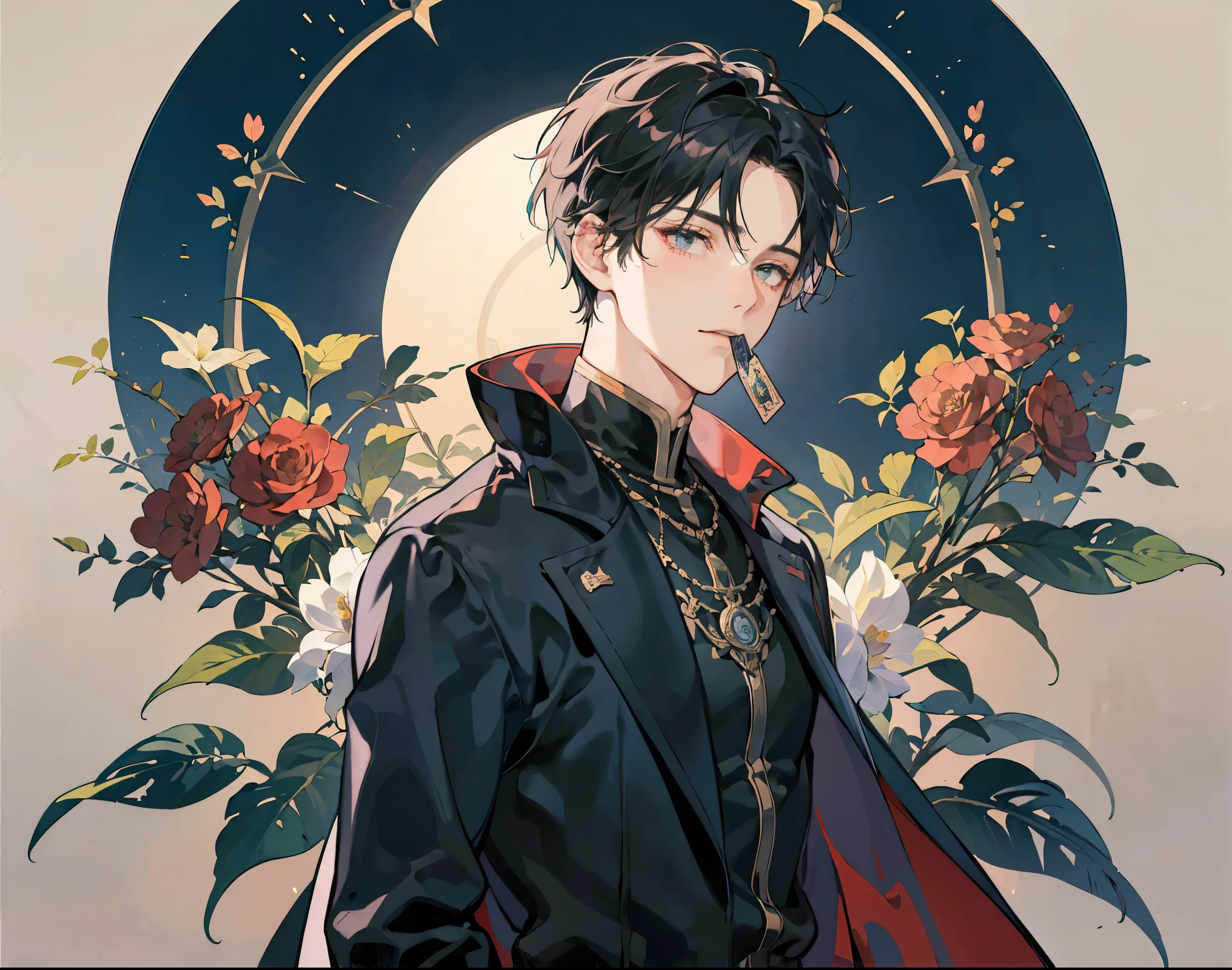 man with tarot cards,Covering mouth with cards,Inner is white, jacket is black, The background is a flower field in the evening