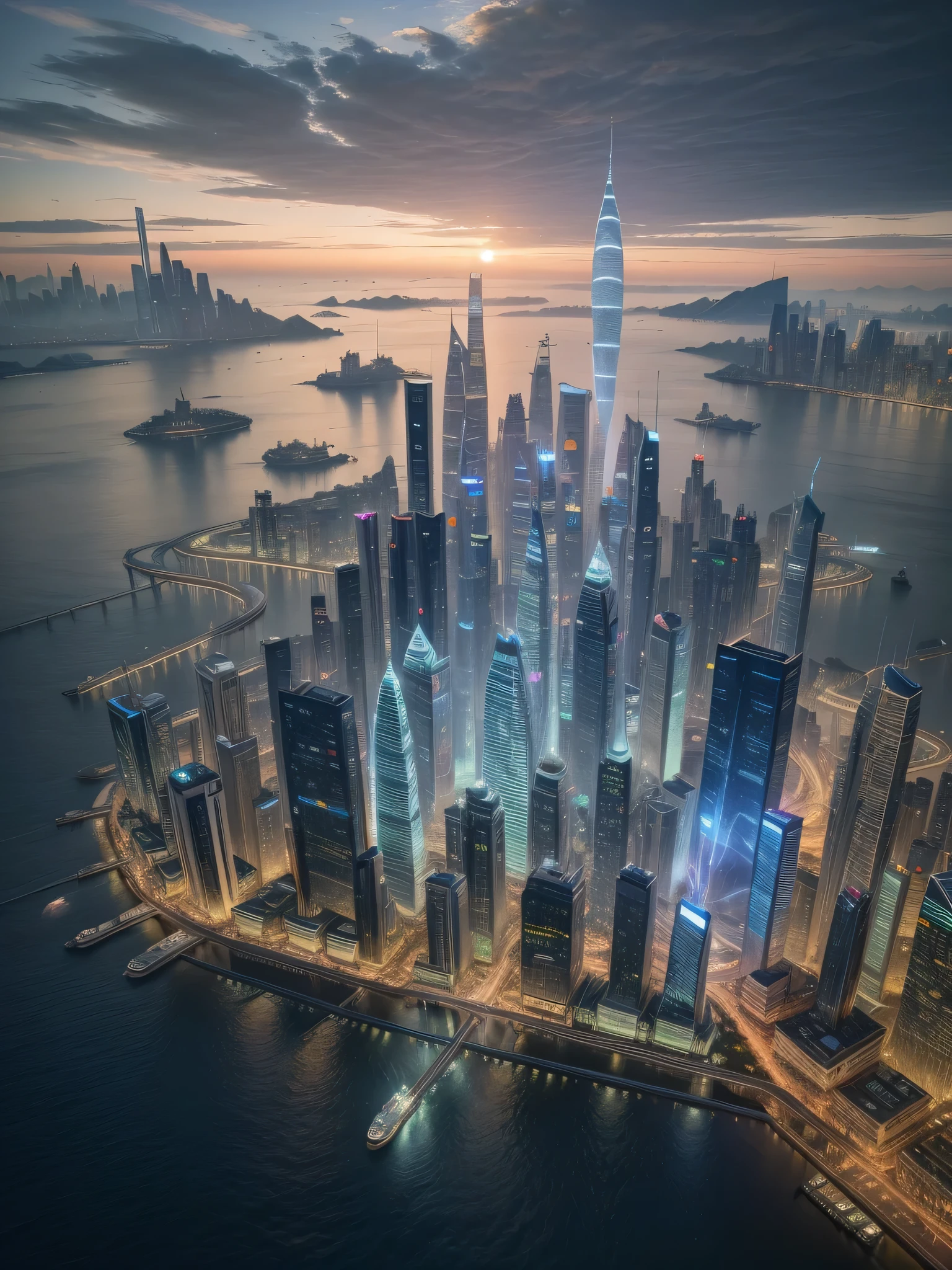 Future cityscapes, (irregular architecture), machinery, (hovering trains), drones, realistic lighting, (abysasterpieces, high quality, beautiful graphics, high detail, (futuristic city), (intelligent), (humanized), (digital), science fiction art, futuristic city, vision (wide-angle lens), ultra-high resolution (realism), ultra-high quality, extremely detailed CG Unity 8k wallpapers, aesthetics, award-winning photography, high detail, detail enhancement, blur removal, intricacies, travel art. Visually stunning. Beautiful Future City, Beautiful City, Chinese Dream Land, Pexels, Blue Hour Photography, Chinese Dreamland, Spectacular Clouds, Fantasy Clouds, The title should be eye-catching, sunset light, twilight, stylized font, sparkling crystal clear, Aerial View, Aerial Views of Cities Around the World