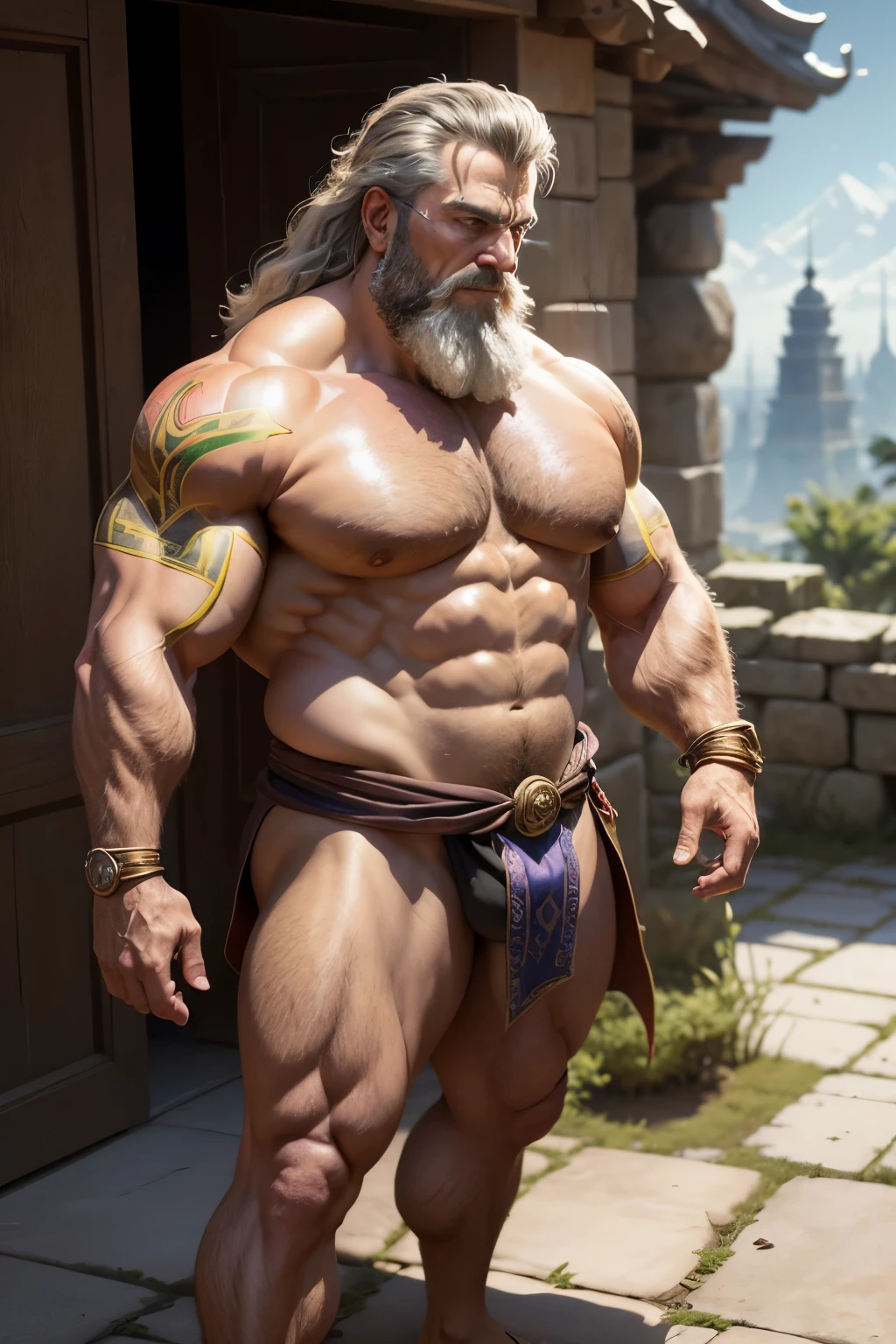 masterpiece, detailed, complex, epic fantasy, rich and colorful, whole body, small angle, man, 60 years old, Bulky, strong man, Ankle wrap, Chest hairy, revealing skimpy clothing, Hairline recedes, giggle, mercenary, blade, ancient city gate, Point elsewhere, depth of field, particle effect, High quality shadows