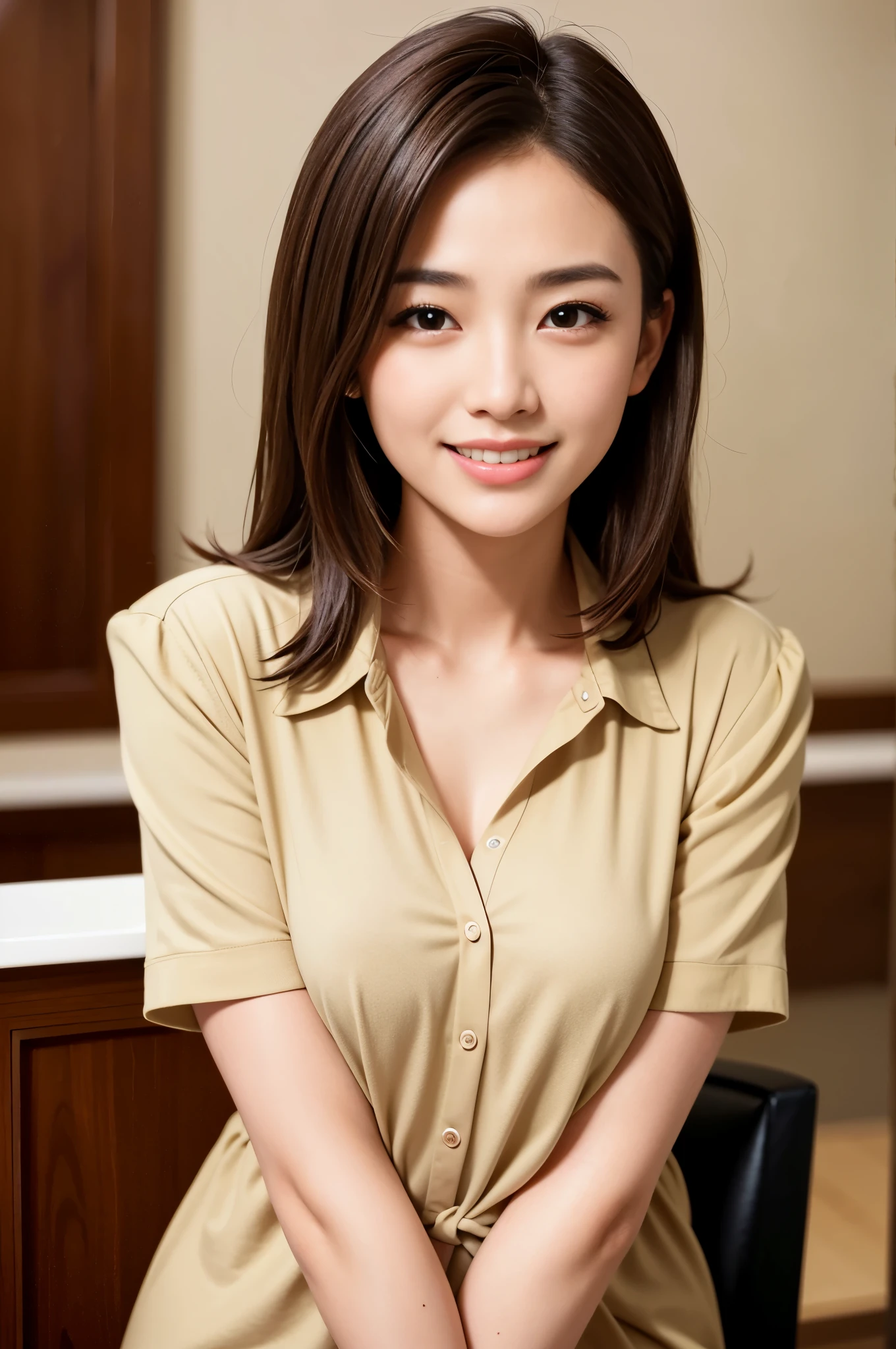 highest quality, figure, super detailed, finely, High resolution, 8k wallpaper, 完璧なダイナミックな構figure, beautiful skin, (big eyes), 20 year old beautiful girl, natural color lip, (sexy pose), mid chest, smile, Highly detailed face and skin texture, Detailed eyes, Double eyelid,leaking teeth and laughing, close-up, brown bob hair, (beige blouse:1.2), beautiful hotel lobby