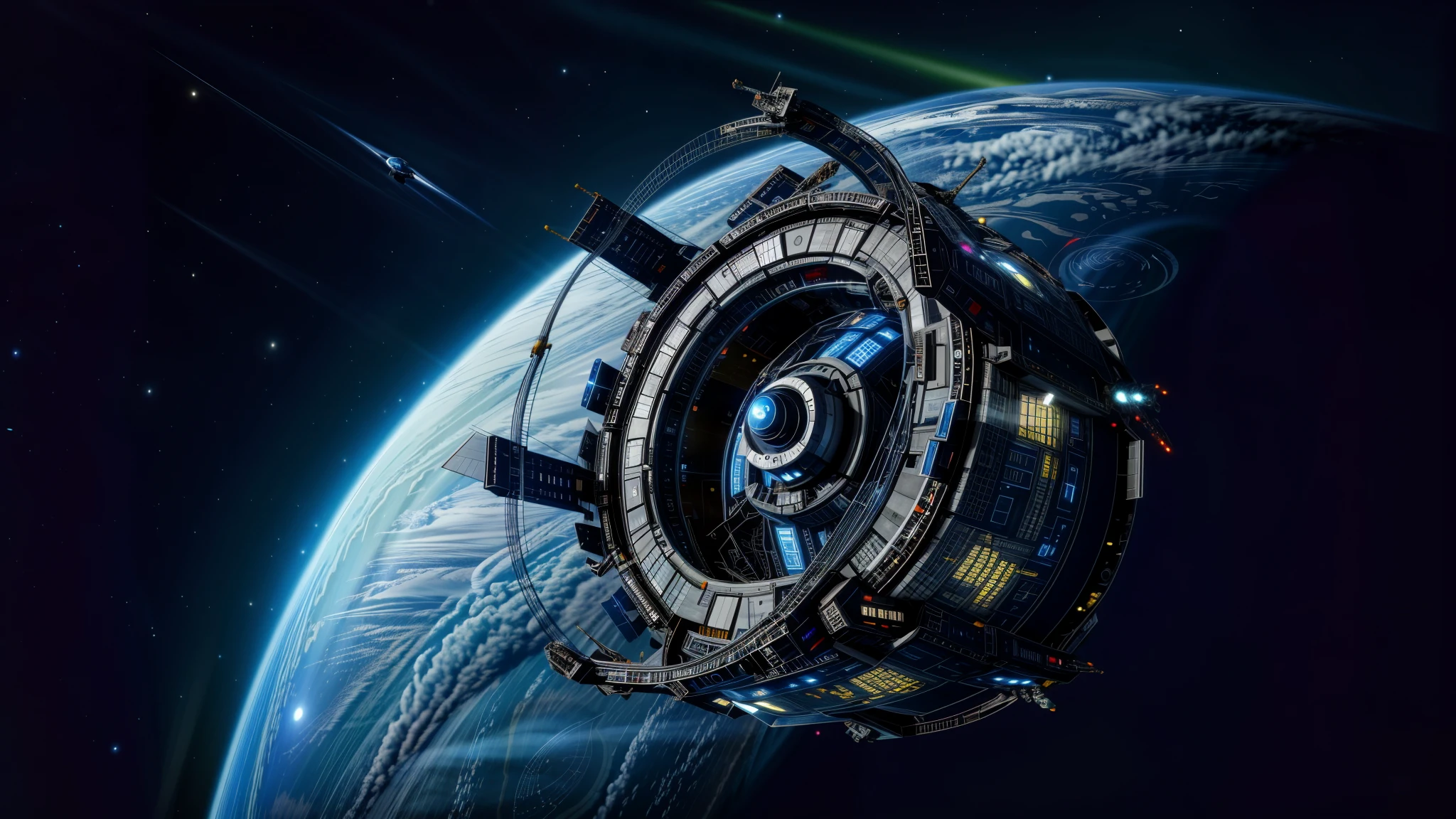 ixion spaceship flying over the earth in space with a blue planet in the background, futuristic space station, scifi space station, 