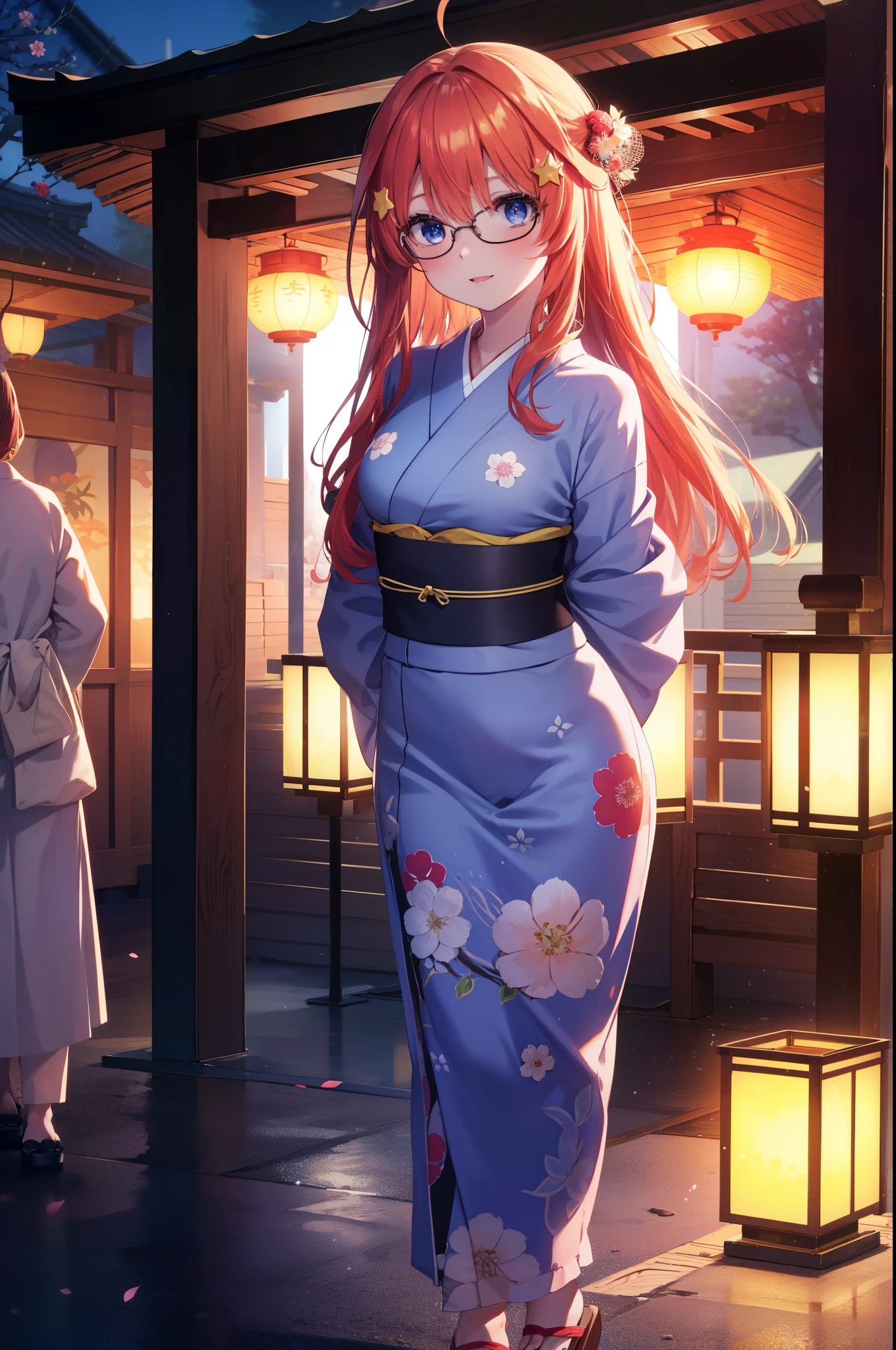 itsukinakano, Itsuki Nakano, bangs, blue eyes, hair between eyes, Ahoge, redhead, star \(symbol\), hair ornaments, star hair ornaments,open your mouth,Akabu glasses,smile,blush,happy atmosphere,long hair,hair tied back,put both arms behind one&#39;s back,red floral pattern yukata,,Zori sandals,japanese festival,summer festival stalls,Red lantern,night,walking,So that the whole body goes into the illustration,
break indoors, shrine,
break (masterpiece:1.2), highest quality, High resolution, unity 8k wallpaper, (figure:0.8), (detailed and beautiful eyes:1.6), highly detailed face, perfect lighting, Very detailed CG, (perfect hands, perfect anatomy),