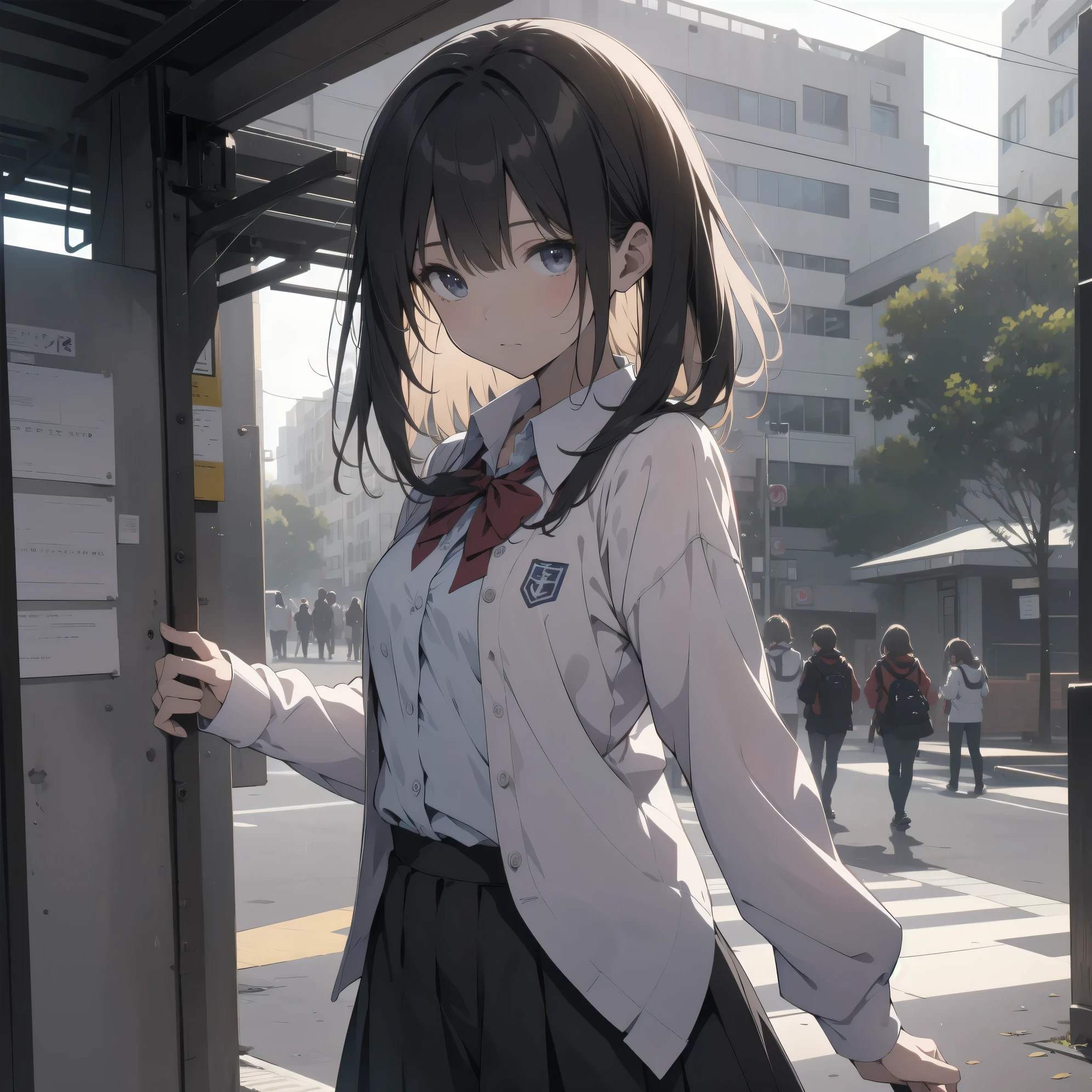 Super absurd quality by the god of art, super detailed, High resolution, anime moe art style, Best Anime 8K Kona-chan Wallpaper, pixiv contest winner, perfect anatomy, break,(眠そうにalone学校へ行く女の子を描いてください. )break,1 girl, (alone,little woman, baby face, 13 years old:1.3),All limbs, full finger,, The charm of an immature body, (very_short hair), Bang, flat chest, small ass, between legs, small black eyes, detailed and beautiful eyes, Well-proportioned iris and pupils, expressive eyes, sleepy eyes, High resolutionの詳細な髪, neck ribbon, shirt, collared shirt, skirt, pleated skirt, school uniform, school bag,(detailed lighting), (detailed background), On the way to school. break,super dense skin, Best cinematic lighting powered by famous artist, 8k,Beauty Illustration,photoshop_(Moderate),Absurd Hi-Res,Hmm,rough skin,break,((artist:Ixy)), artist:Fujichoko,artist:Yamamoto_Soichiro,artist:hanekoto