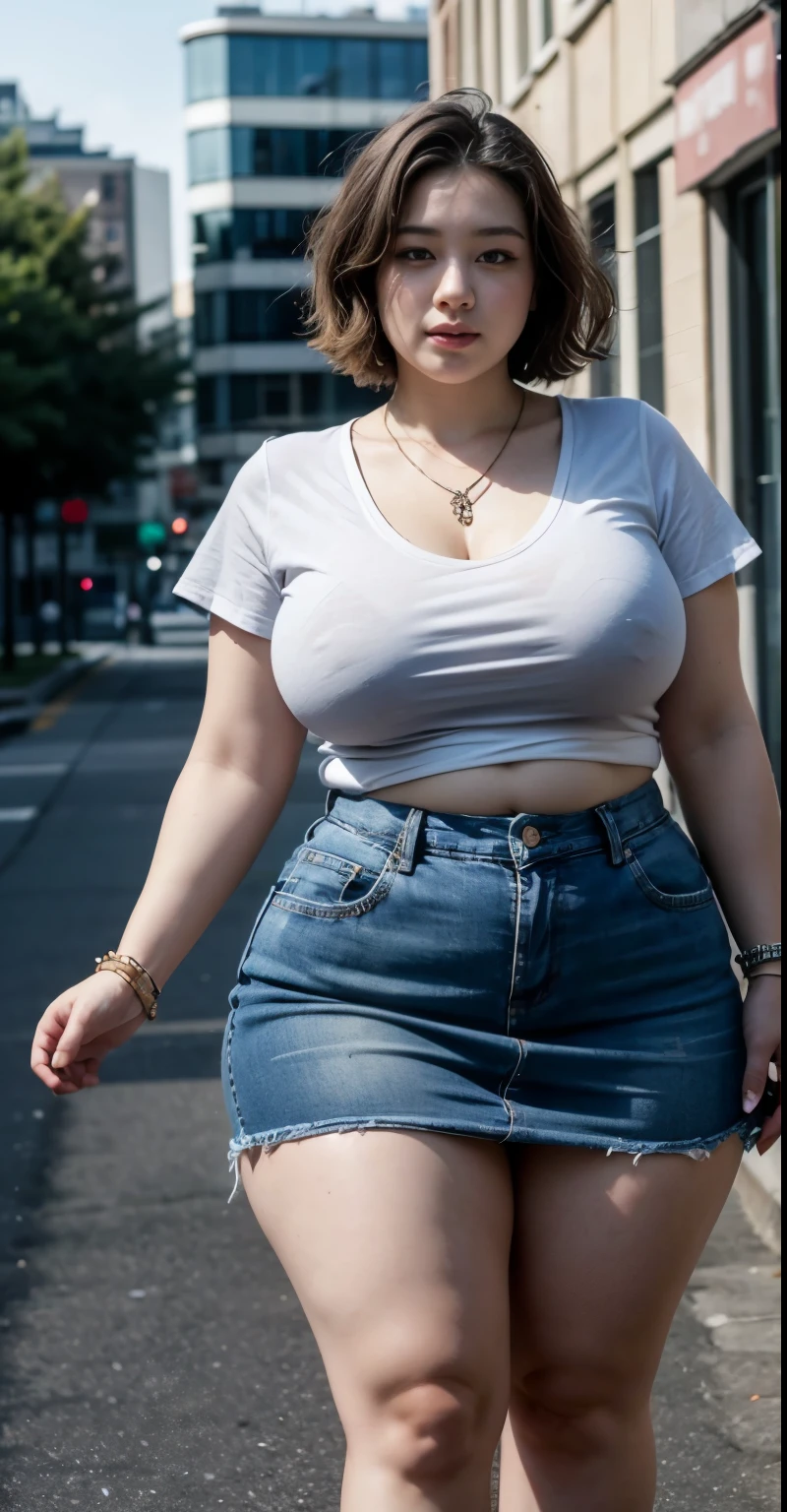 ((best quality)), ((masterpiece)), (detailed), perfect face, araffe woman in a long dark-blue shirt and blue denim skirt walking down a street, thicc, wavy short hair , she has a jiggly fat round belly, bbwchan, wearing tight simple clothes, skinny waist and thick hips, widest hips, her belly is fat and round, soft curvy shape, hyperrealistic full figure, wearing a cute top, wide hips, wearing 10 bracelet , wearing huge diamond necklace