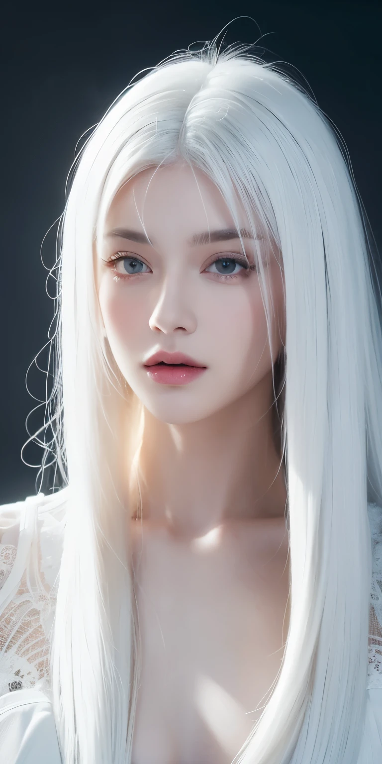 masterpiece, best quality, nearly perfect, (perfect face:1.1), (high detail:1.1), dramatic, (1 person), pale skin, (long pure white hair:1.4), white eyes, Otto Sepalainen, alone, long hair, white luxury suit, cover navel, snob, Albinism, Luminous Studio graphics engine, Pouting, Demonic Magician, Volumetric lighting, delicate eyes, (8k wallpaper masterpiece), Super detailed, intricate details, Absolutely pixel perfect, Rose, Fashion, side, looking at the audience, BalenciagaStyle