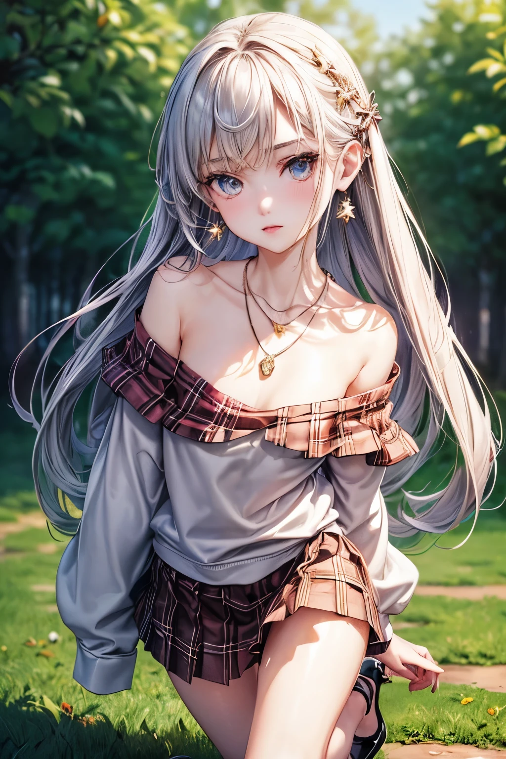 ((Biologically correct number of limbs))、((natural finger shape))、((full body shot, Full body photo including face、head to toe photo))、standing position、[NSFW]、4K、masterpiece、((focus on the face))、((Symmetrical facial features))、Eyes of minute description、Beautiful woman、outstanding style、beautiful clavicle、beautiful legs、slender body、(small ass、thin thighs）、(high heels）、Detailed depiction of faces、small earrings、necklace、Low - Angle、(Upper body off shoulder sweatshirt、plaid skirt）、Holiday morning scenery、