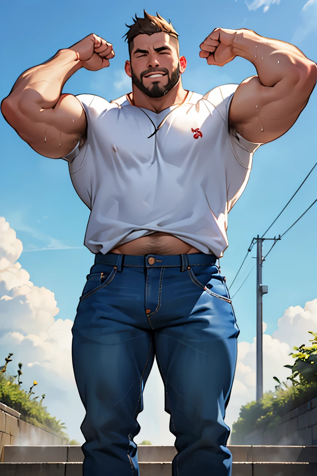 Fat uncle lifts dumbbells,a park,Japanese,fat man,Metapo,I have a big stomach,Light hair on top of head,,,beard,Body hair is thick,sweat,Open your arms,Arms up,wearing white shirt,Shirt becomes transparent due to sweat,wearing jeans,The pants are misplaced、Buttocks slightly visible,Steam,wet,The expression of stepping on the ground,The body is already soaked