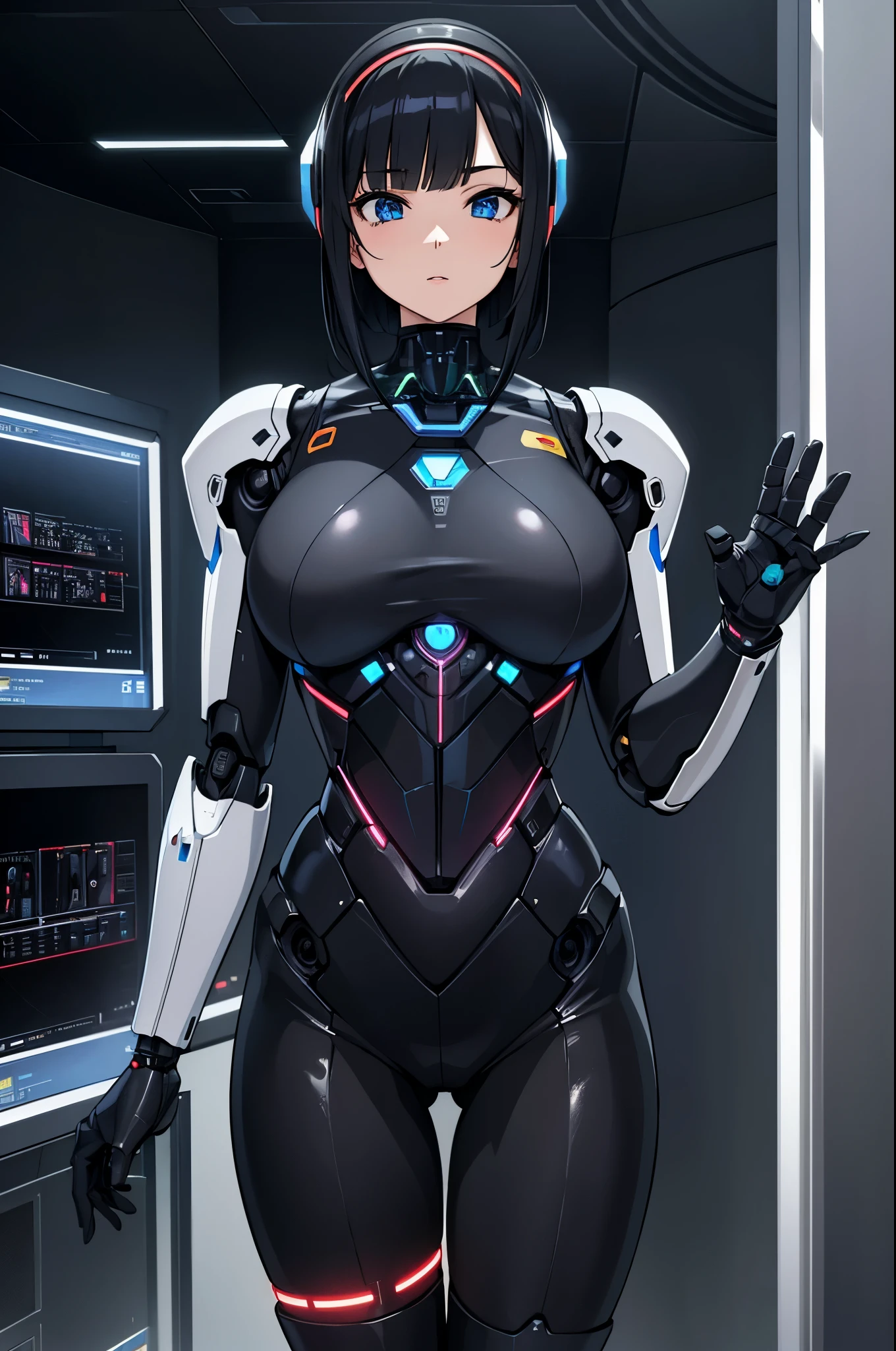 masterpiece, best quality, extremely detailed, Japaese android girl,Plump , control panels,Mechanical Hand, Robot arms and legs, Black hair,Mechanical body,Blunt bangs,future information counter,reception,information office,japanese android receptionist,perfect robot woman,She is powered by electricity,The removable cover is on the groin,The connection port is on the groin,access panel on the chest,miniskirt,dark black tights,She has repaired now,perfect robot girl,robot concierge,She is in information counter,blue eyes