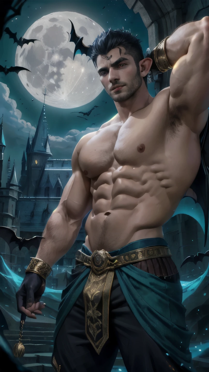 ((best quality)), ((masterpiece)), (detailed), perfect face,Male Body,Perfect Body,Body,Sixpack,perfect Abs,Whole Body,Male face,Whole Body,King,Golden outfits,black hair,shirtless,handsome,arms muscle,Using power,eyes,powerful man, Black loincloth,Look straight,Royal outfits,Vampire male,vampire,King Vampire,in the castle, outfits,royal pants,lips,magic ,sparkling ,Elf ears,Moon light,midnight,farmal,bats,flock of bats,supernatural,Bat wings,power,