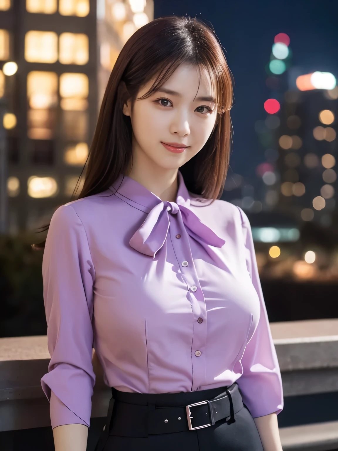 1 girl, (wearing a violet blouse:1.2), short skirt, beautiful japanese actress,
(RAW photo, highest quality), (realistic, Photoreal:1.4), masterpiece, 
very delicate and beautiful, very detailed, 2k wallpaper, wonderful, 
finely, very detailed CG Unity 8K 壁紙, Super detailed, High resolution, 
soft light, beautiful detailed girl, very detailed目と顔, beautifully detailed nose, beautiful and detailed eyes, cinematic lighting, 
break,
(Against the backdrop of a night cityscape 1.3), city lights, 
perfect anatomy, slender body, smile, Face the front completely, (look at the camera), (waist shot), emphasize big breasts,