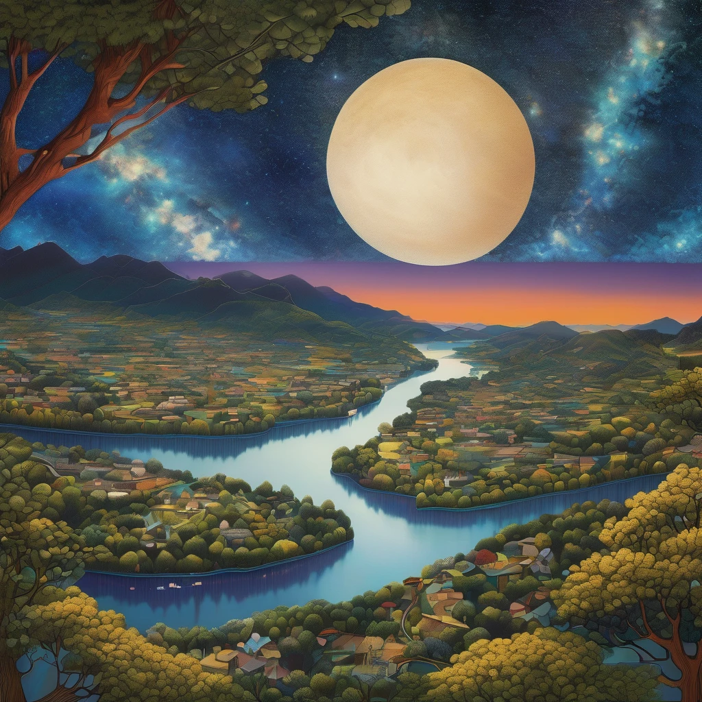 Aerial View, aesthetic, extremely detailed, Aerial View,sweeping panoramic expanse,patchwork quilt of fields,ribbon-like meandering rivers,steel-and-glass urban sprawl,fleeting shadows of passing clouds,terrain undulating with hills and valleys,dappled sunlight kissing treetops,muted palette of earth tones,night,low-light amplification,star-speckled sky,moonlit landscape,ethereal glow from distant towns,shadows stretching into oblivion,camera settings,wide aperture,high ISO,slow shutter speed,steady drone stabilization,manual focus adjusted for infinite view,mood/feelings and atmosphere,tranquil serenity,quietude of the world from above,melancholic beauty in isolation,sublime sense of scale,artistic medium as well as techniques,digital painting,oil on canvas,pointillism,panoramic photography,multiple exposure layering,artists, illustrators, painters, art movements,David Hockney,Yayoi Kusama,Bob Ross,Andy Warhol's pop art,Hudson River School,Japanese Ukiyo-e