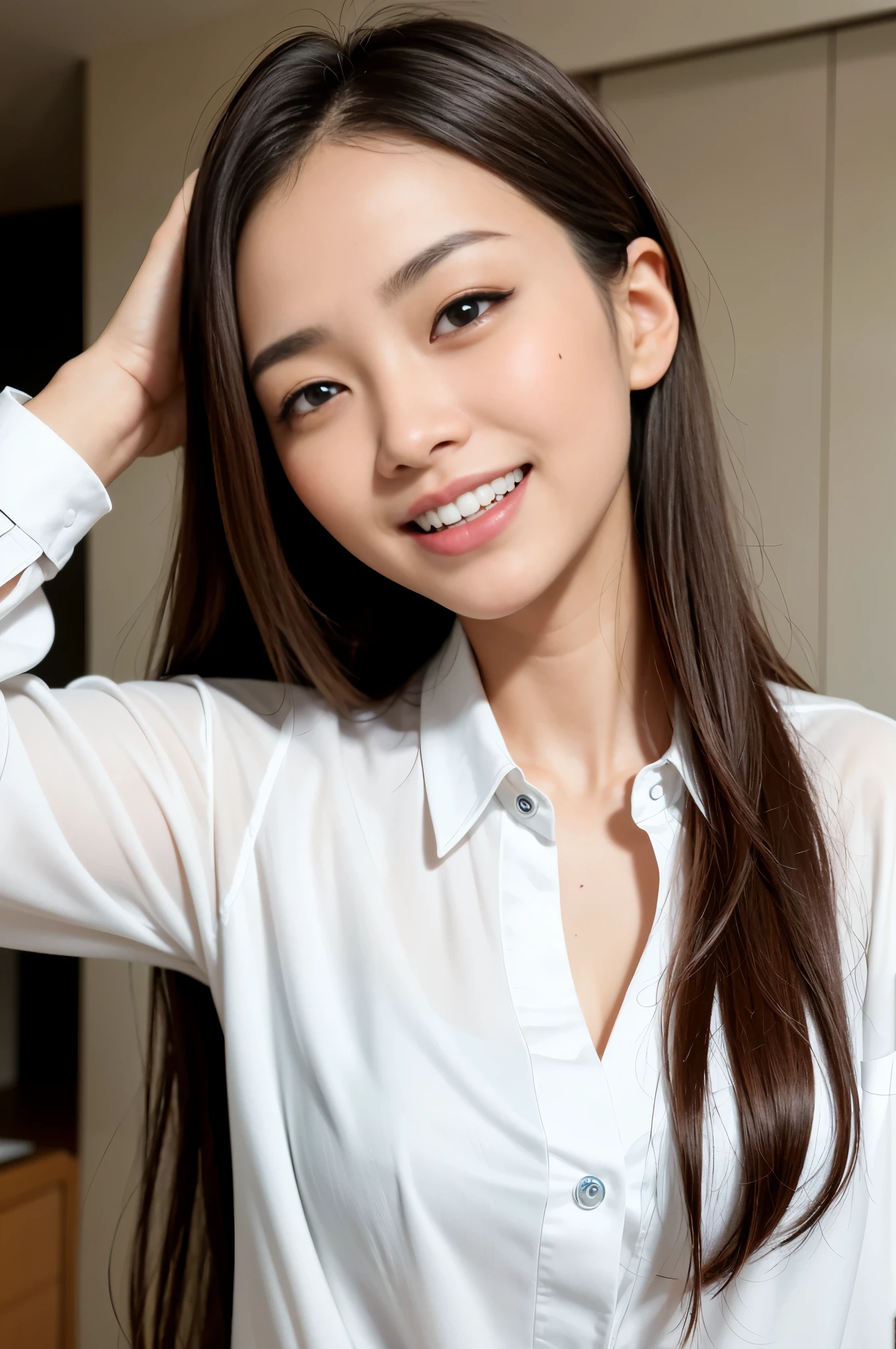 (Top Quality, Masterpiece: 1.2), Women, Portrait, Neat College Girl, People, (School Uniform, Summer Uniform, Short Sleeves), (Slim), Photorealistic, Detail, Skin Texture, Ultra Detailed, Delicate and Sexy Clavicle, Smile, Ultra Detailed Face, Detailed Lips, Detailed Eyes, Double Eyelids