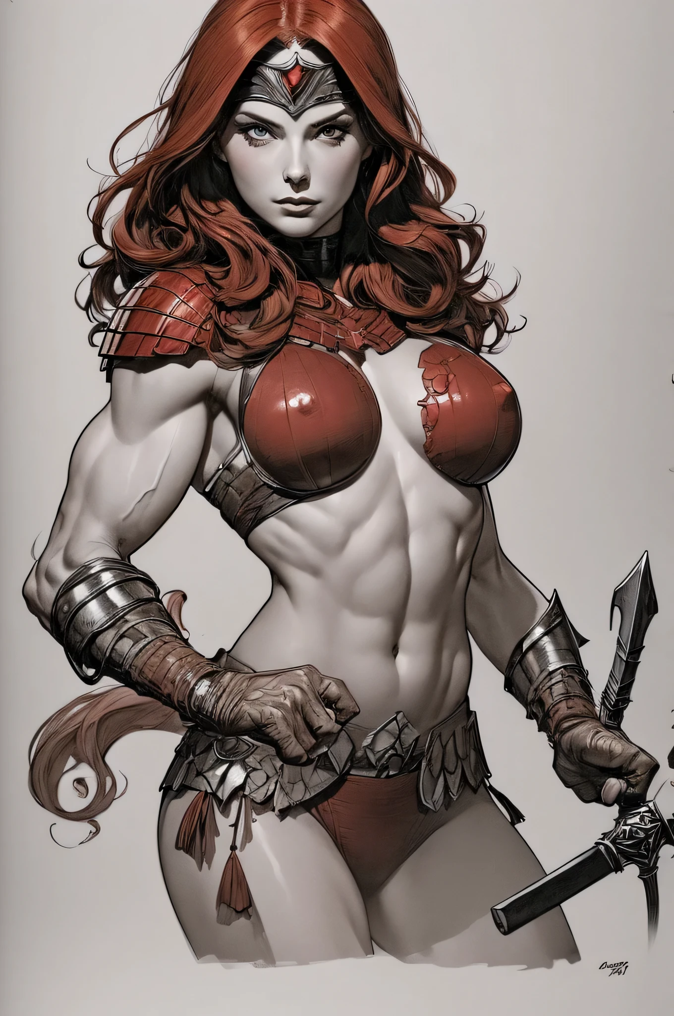 masterpiece art, black and white sketch of Frank frazetta, full muscular figure of Millie Bobby Brown posing for fight like the sexy Warrior ((Red Sonja)), long redhair, medieval knight armor, dark make-up , sword in his hands, big tits,