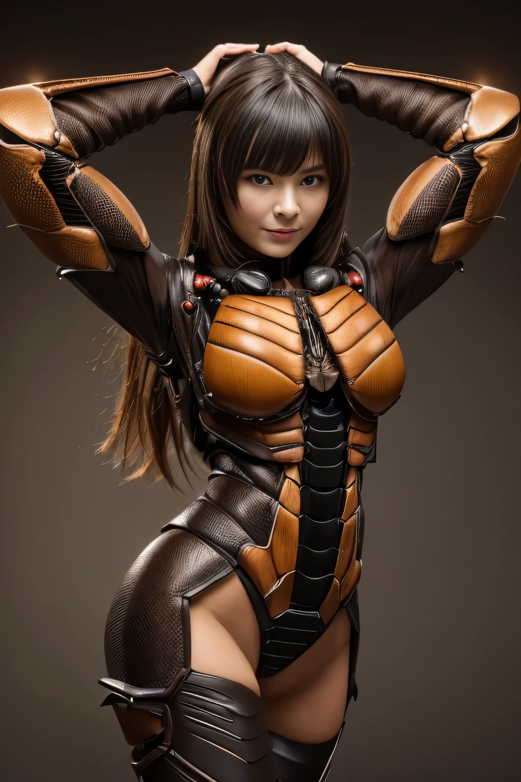 (High resolution,masterpiece,highest quality,Very detailed CG, anime, official art:1.4), realistic, photograph, amazing detail, everything is complicated, shiny and glossy,Amazing number of layers, 8K wallpaper, 3D, sketch, cute, figure,( alone:1.4), perfect female proportions,villain's daughter, (Fusion of dark brown cockroach and lady:1.4), (brown cockroach woman:1.2), (brown cockroach woman:1.2), (Fusion:1.2), (alone:1.4), (evil smile:1.2), muscular, abs, (Cockroach brown exoskeleton bio insect suit:1.4), (Cockroach brown exoskeleton bio insect armor:1.2), (brown transparent cockroach feathers:1.4), (Antennae of brown cockroaches:1.3),