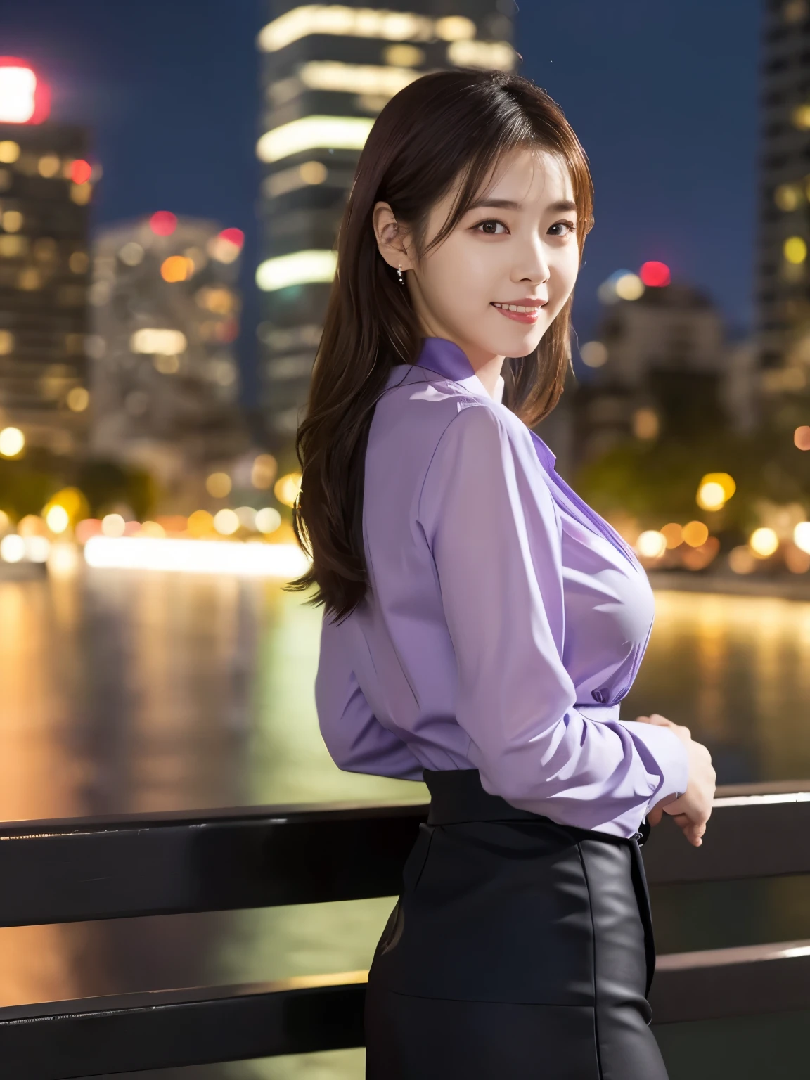 1 girl, (wearing a violet blouse:1.2), short skirt, beautiful japanese actress,
(RAW photo, highest quality), (realistic, Photoreal:1.4), masterpiece,
very delicate and beautiful, very detailed, 2k wallpaper, wonderful,
finely, very detailed CG Unity 8K 壁紙, Super detailed, High resolution,
soft light, beautiful detailed girl, very detailed目と顔, beautifully detailed nose, beautiful and detailed eyes, cinematic lighting,
break,
(Against the backdrop of a night cityscape 1.3), city lights,
perfect anatomy, slender body, smile, Face the front completely, (look at the camera), (waist shot), emphasize big breasts,