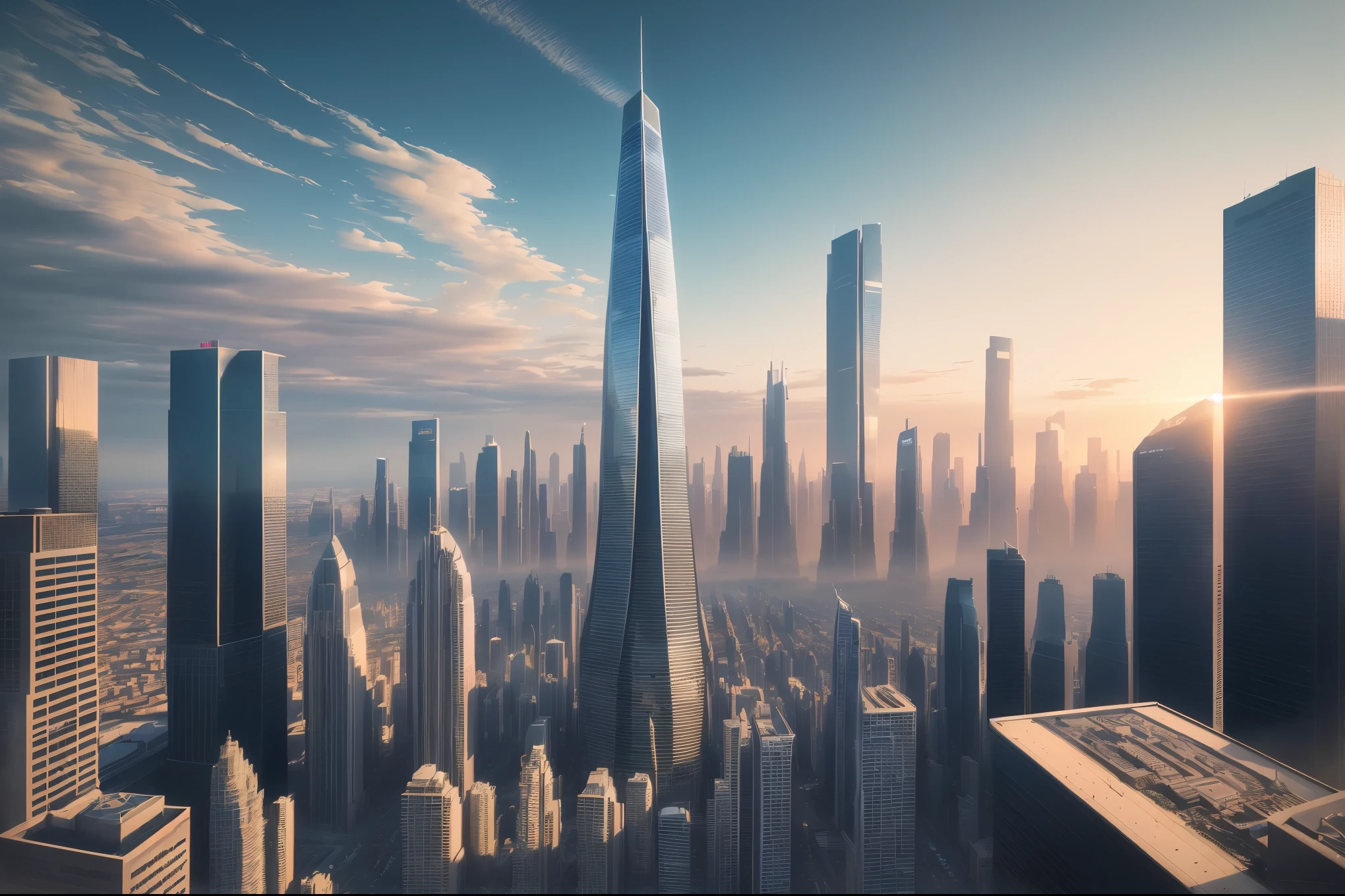 Aerial view of a futuristic city skyline with skyscrapers and buildings, captured by a drone, featuring intricate cloud patterns and dynamic lighting. The scene showcases a modern, urban landscape from a drone's perspective, emphasizing the interplay of light and shadows. The image quality is top-notch, with ultra-high resolution (best quality,4k,8k,highres,masterpiece:1.2), ultra-detailed, and photorealistic (realistic,photorealistic,photo-realistic:1.37). The art style is defined by a blend of landscape and sci-fi elements, with vibrant colors and HDR lighting.