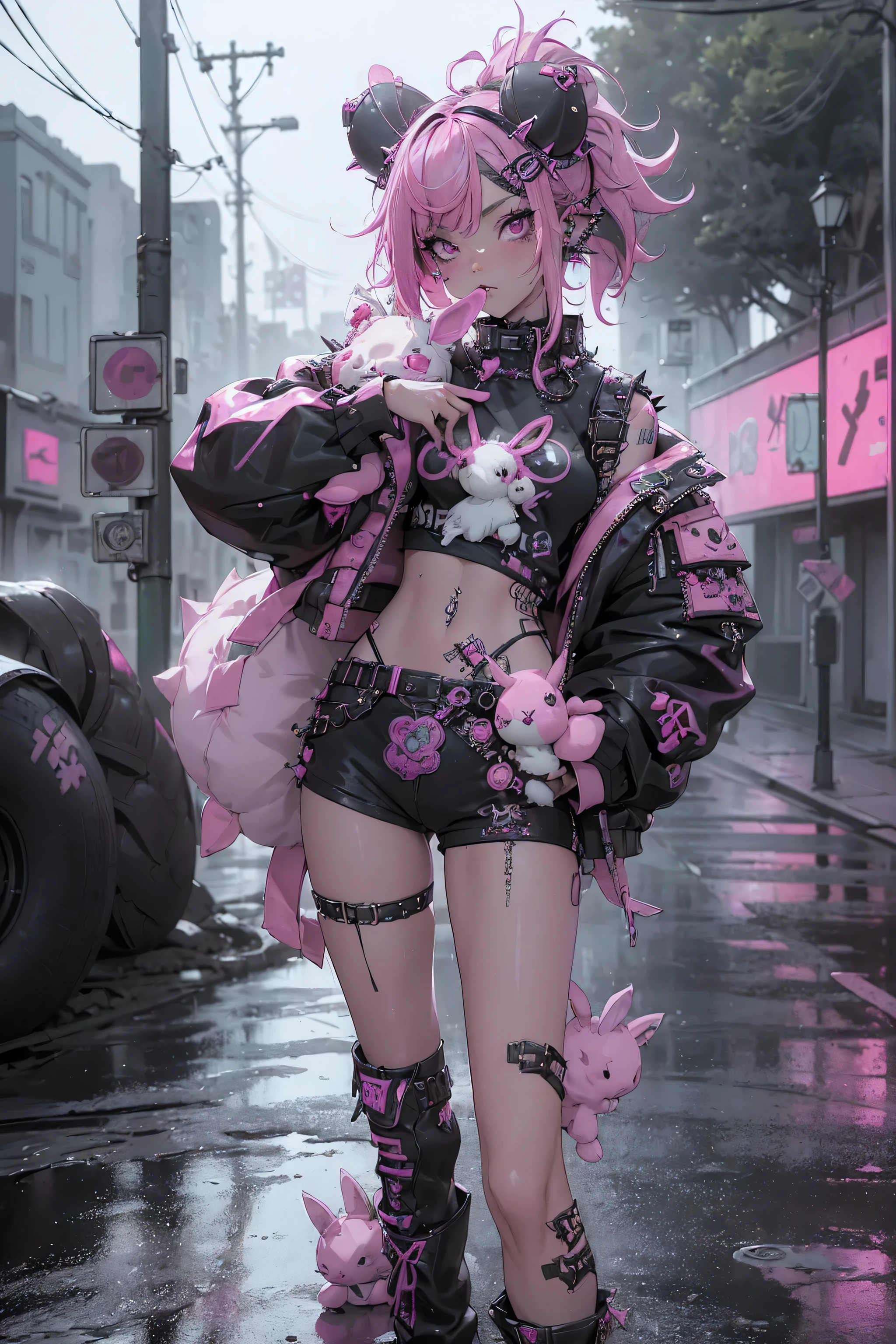 (highest quality、8k、32K、masterpiece、nffsw:1.3)、(Photoreal:1.4),((shoot from the front,looking at the viewer,full_body:1.5)),((18-year-old punk girl,quirky punk hair:1.3)),((pink and black punk fashion,clothes with studs、:1.5)),((Holding a stuffed rabbit:1.5)),(Black and pink hair:1.5),((black backpack on the back)),Wacky makeup、((深夜のneon街、neon:1.0))、Desolate city in the rain,Puddles on the road、(cinematic lighting)、written boundary depth,blurred background、