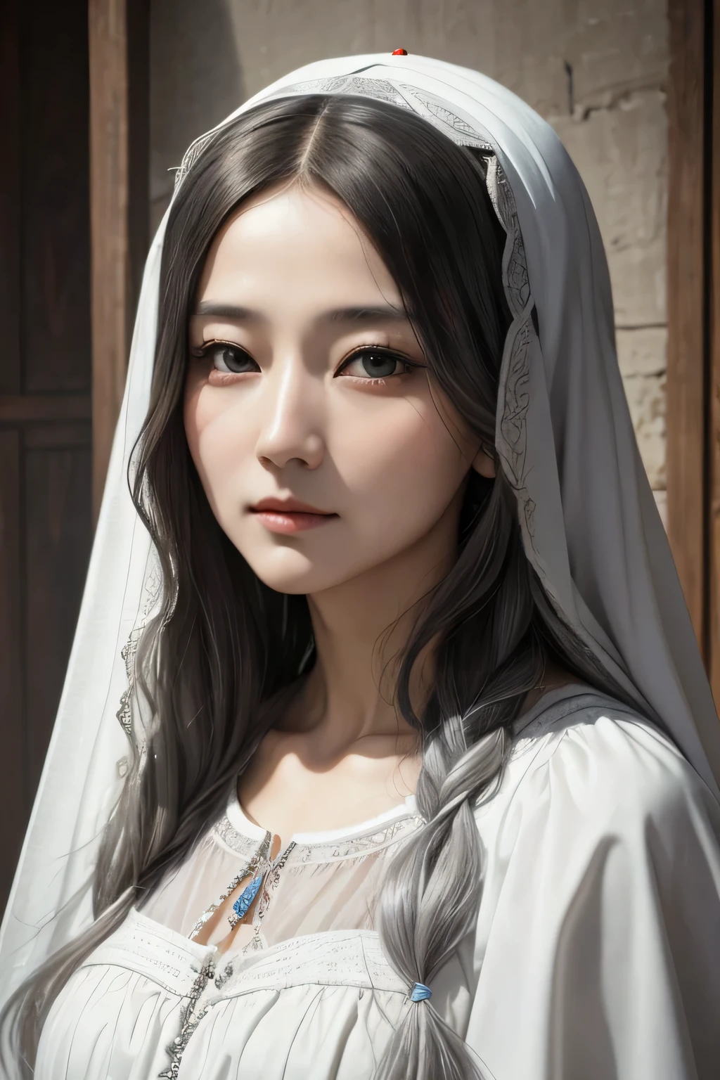 ４８old woman　Mysterious　spiritual　wearing white clothes　silver hair　that&#39;I&#39;m facing straight here。bust　like the virgin mary　Like the Mona Lisa　　４８old woman　no hat　I&#39;m not even wearing a veil　The wind is blowing　　