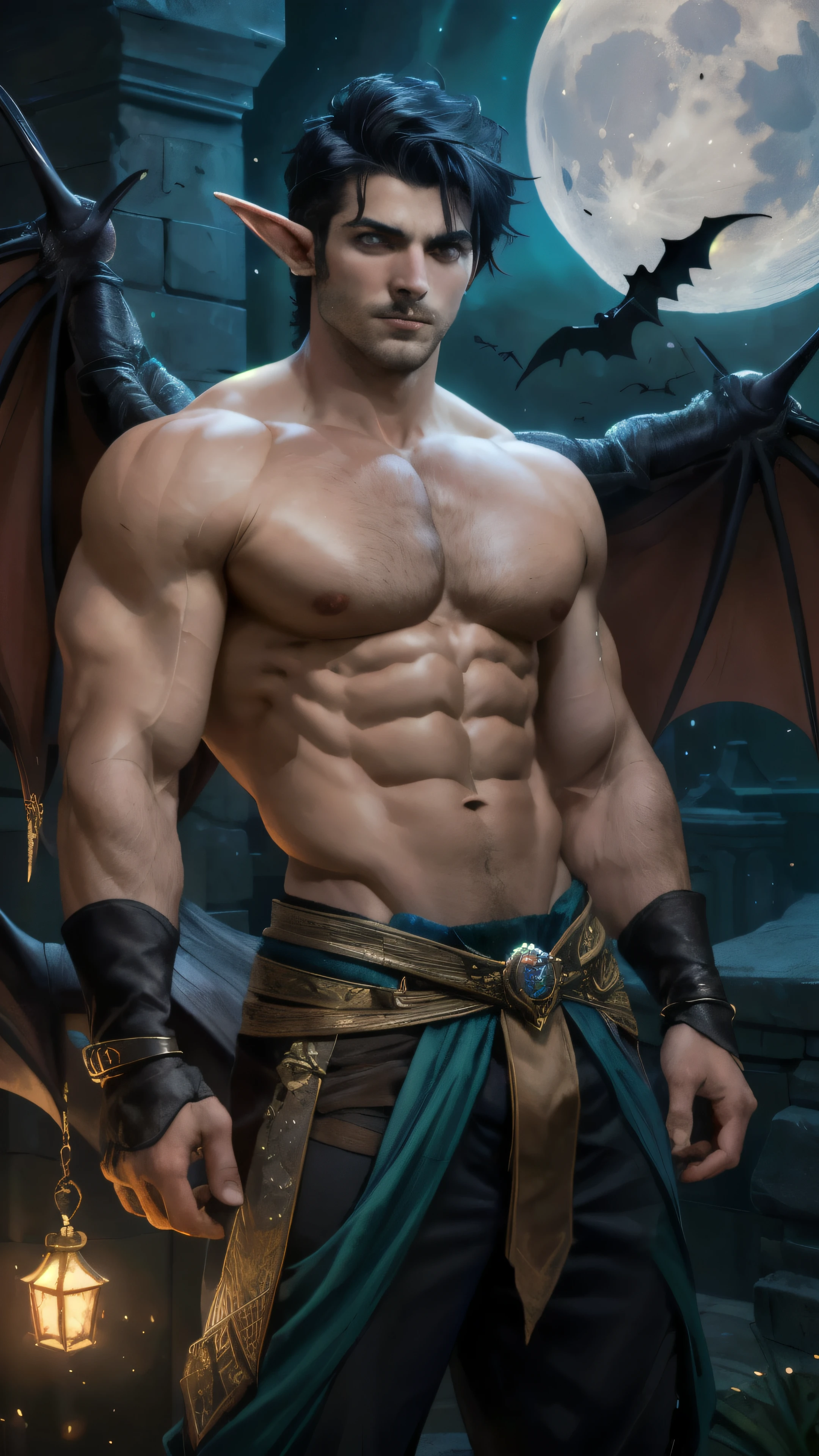 ((best quality)), ((masterpiece)), (detailed), perfect face,Male Body,Perfect Body,Body,Sixpack,perfect Abs,Whole Body,Male face,Whole Body,King,Golden outfits,black hair,shirtless,handsome,arms muscle,Using power,eyes,powerful man, Black loincloth,Look straight,Royal outfits,Vampire male,vampire,King Vampire,in the castle, outfits,royal pants,lips,magic ,sparkling ,Elf ears,Moon light,midnight,farmal,bats,flock of bats,supernatural,Bat wings,power,