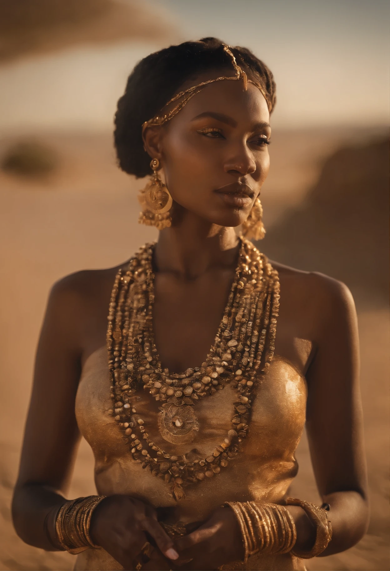 An alluring African goddess standing amidst a vast desert of shimmering golden sands, her form outlined by the setting sun casting long, dramatic shadows, ancient ruins half-buried in the sand behind her, a faint mirage of a lush oasis teasing in the distance, capturing a moment of serene yet mysterious beauty