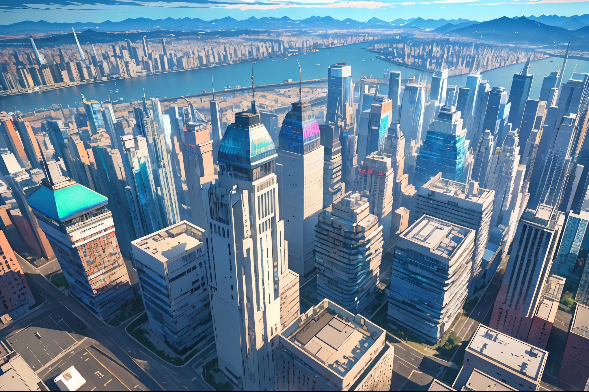 Aerial view of a cityscape from a drone perspective, vibrant sky, detailed architecture, high vantage point, drone lens quality, scenic lighting, rich details, top-down angle, with cityscape elements, bustling urban scenery, photo-realistic:1.37, HDR, ultra-detailed, studio lighting, vivid colors, sharp focus, elevated view, professional.
