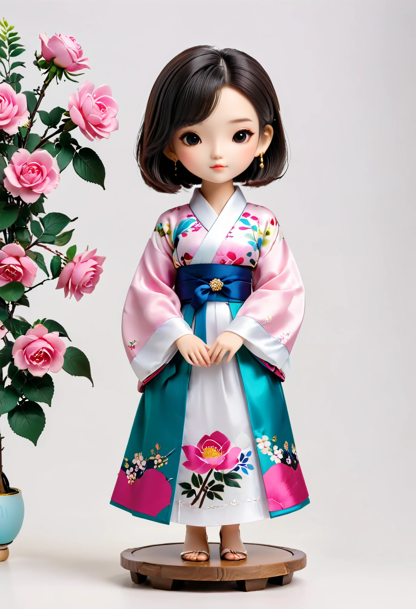 (Blind Box Spielzeug Stil:1.2),full body, solo,white background,(1 Beautiful girl Models,shoulder length straight bob hair,floral hanbok,Standing on a round wooden base,pink Rose of Sharon,geta),(Oriental elements,Korean color,Very colorful)