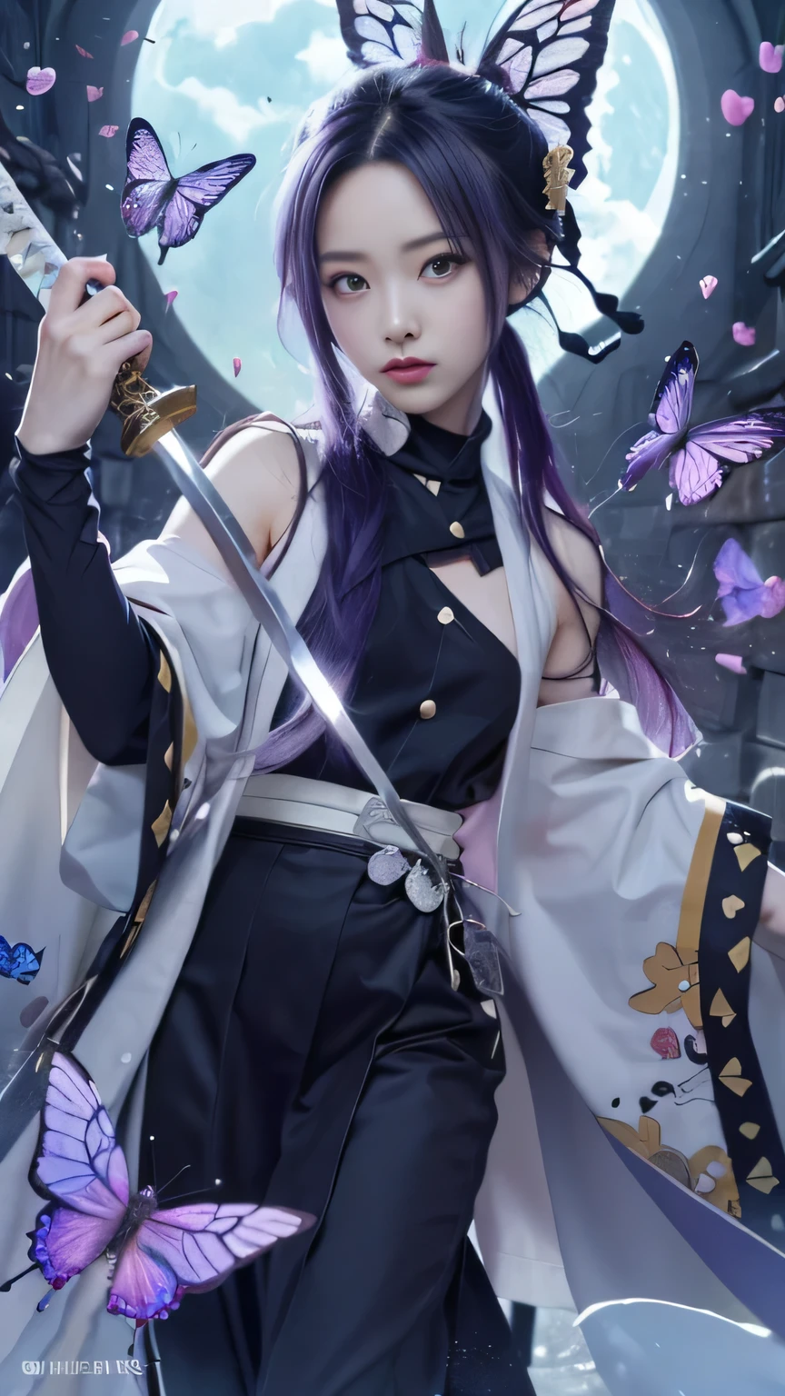 anime girl with purple hair holding a sword and butterfly wings, demon slayer rui fanart, demon slayer artstyle, highly detailed exquisite fanart, detailed fanart, she is holding a katana sword, clean detailed anime art, handsome guy in demon slayer art, kimetsu no yaiba, digital anime illustration, marin kitagawa fanart, official fanart