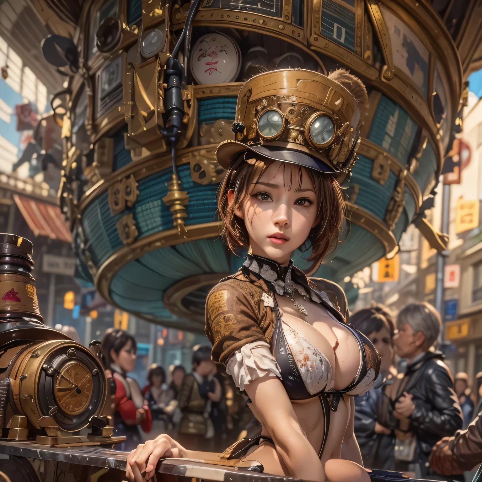 suggestive pose, random hair color, random eye color, Tenebrism art style painting,oil on canvas,(((huge big natural saggy breasts,very noticeable cameltoe))),steampunk airship background landscape,Complete Steampunk Clothes Intricade Details, WLOP, sakimichan,greg latkowski, Alphonse Mucha, Makoto Shinkai, Stanley Art Jem Lau, los dross, surreal,art station trends, unreal engine 5, 8k,concept art,digital paint, splash art, splash paint, facial portrait,grunge painting, written by banksy, Written by Greg Tocchini, Written by James Gillard, Written by Joe Fenton, Written by Keith Butcher, very detailed, symmetrical, octane rendering, concept art, Artistic, cinematic, super sharp focus, very detailed, Vibrant soul, perfection