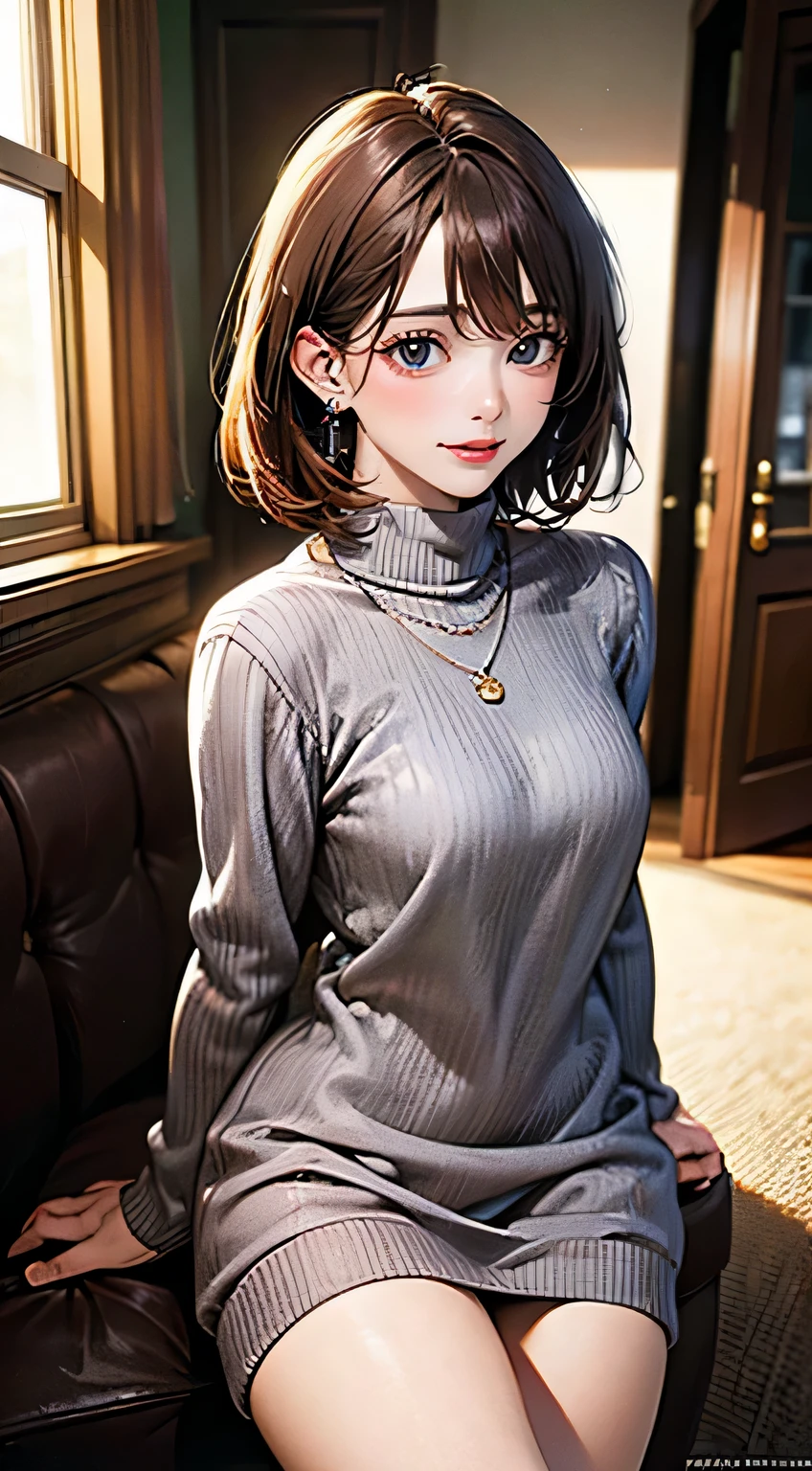 (masterpiece:1.2, highest quality), (realistic pictures:1.4), beautiful illustrations, (natural side lighting, movie lighting),looking at the viewer, 1 girl, 20-year-old, perfect face, perfect body, Cute symmetrical face, shiny skin, baby face, (beautiful hair, short hair, straight hair, brown hair), blue eyes, Big eyes,Idol&#39;chest of, seductive thighs, earrings, beautiful face, fine and beautiful eyes, beautiful clavicle, beautiful body, beautiful breasts, beautiful thighs, beautiful feet, beautiful fingers, ((gray and brown plaid dress), Light brown turtleneck sweater, necklace), indoor, date, (nice smile, upper grade) 