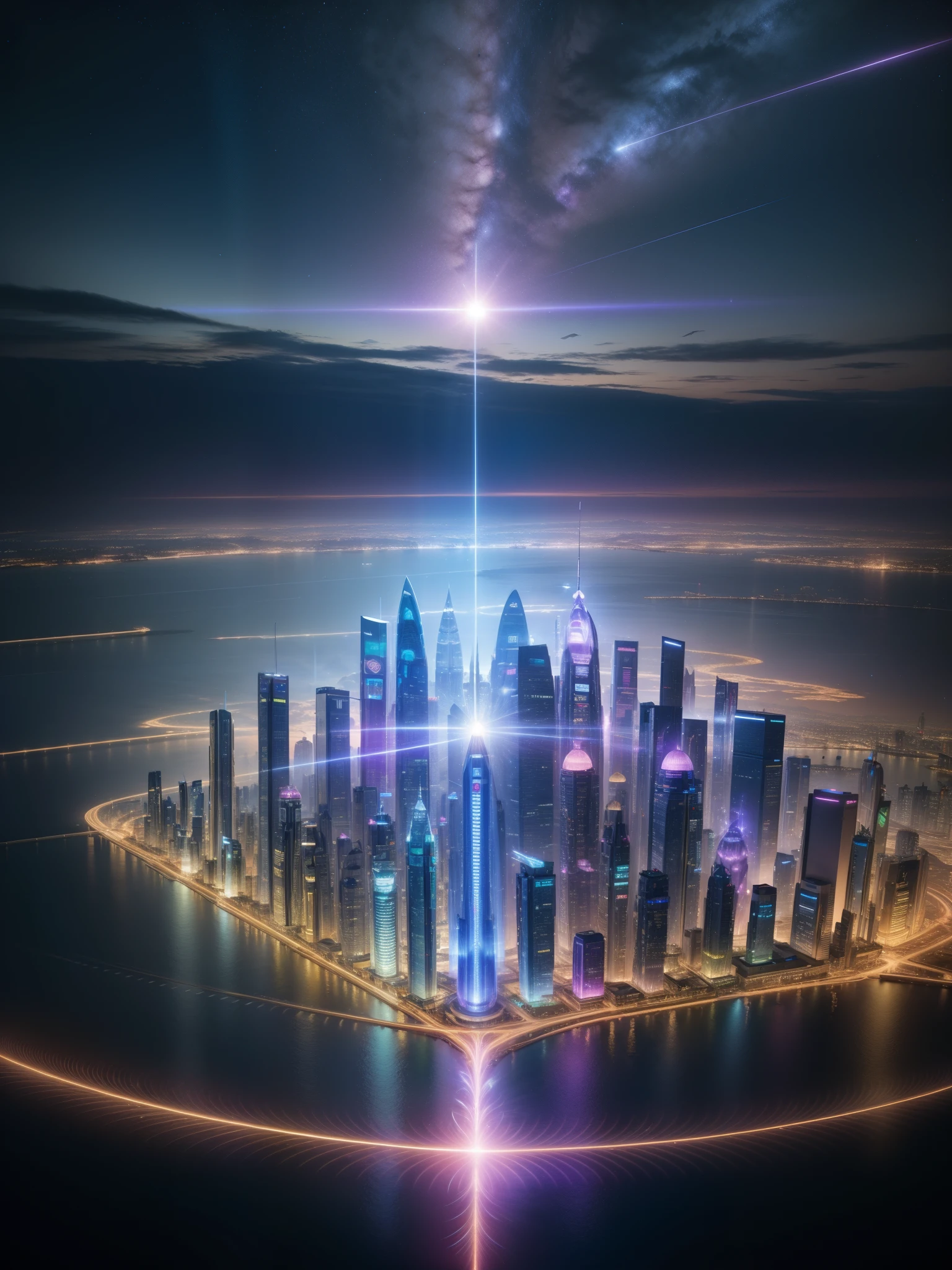 Future cityscapes, (irregular architecture), machinery, (hovering trains), drones, realistic lighting, high quality, beautiful graphics, high detail, (futuristic city), (intelligent), (digital), science fiction art, futuristic city, vision (wide-angle lens), Futurism, Cubist Futurism, ultra-high resolution, (realism), ultra-high quality, extremely detailed CG Unity 8k wallpapers, aesthetics, award-winning photography, high detail, detail enhancement, blur removal, intricacies, travel art, Visually stunning. Beautiful Future City, Beautiful City, Chinese Dream Land, Blue Hour Photography, Chinese Dreamland, Spectacular Clouds, Fantasy Clouds, The title should be eye-catching, sunset light, twilight, stylized font, sparkling sky clear, galaxy sky, Aerial View, Aerial Views of Cities, (light purple and galaxy colors schemes), Ultra-Wide Angle, ray tracing, (colorful:1.0), colorful light, particles, heterochromia, cinematic lighting, lens flare,
