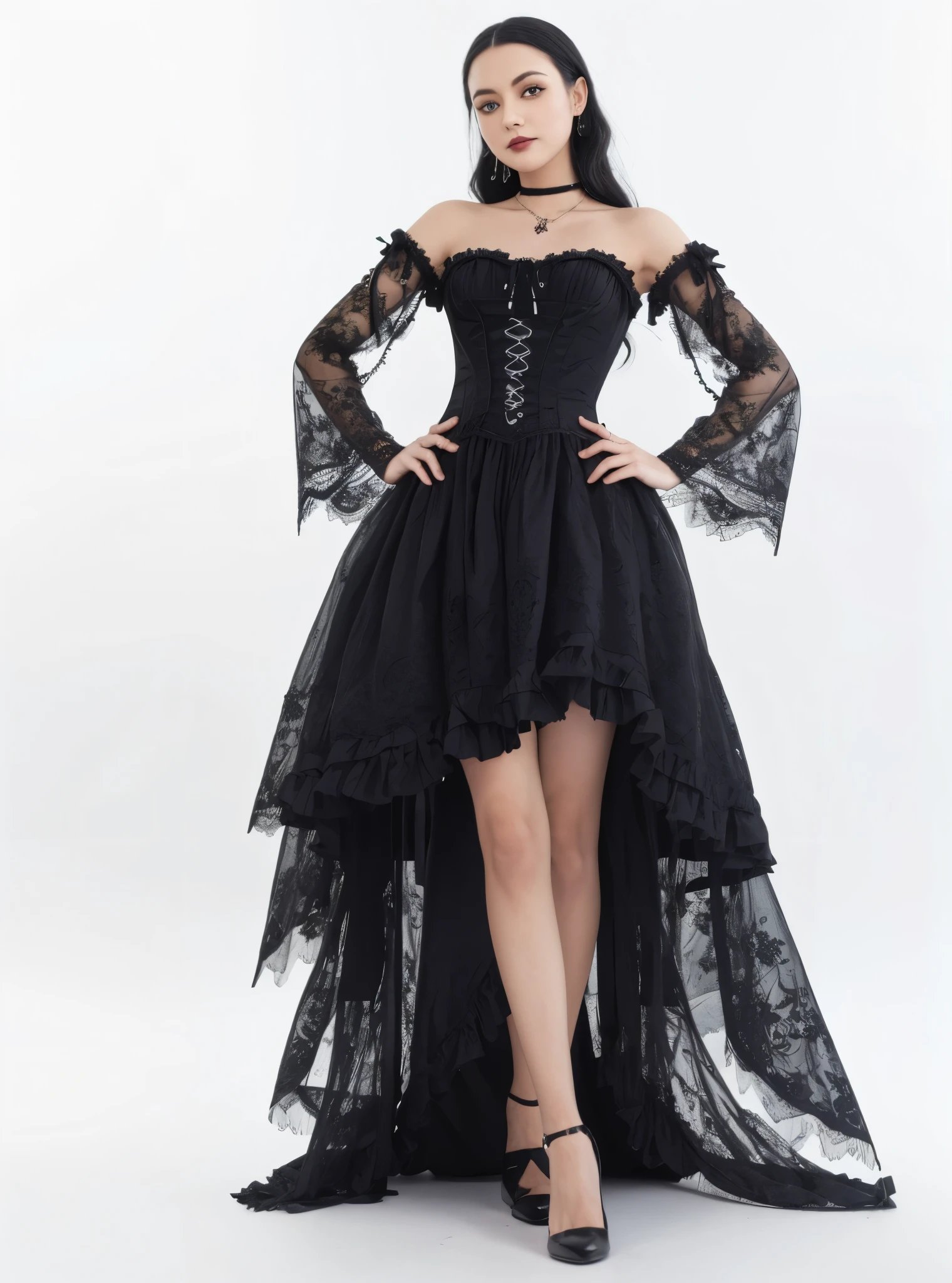 Woman in black dress posing for photo, black victorian dress, Glamorous goth dress, gothic dress, wearing a gothic dress, vintage gothic gown, Intricate Victorian dresses, dark gothic dress, black gothic lolita dress, fantasy long intricate dress, wearing a detailed steampunk dress, victorian style clothing, wing black lace wear, gothic clothing, gothic clothing, bladed wings lace wear