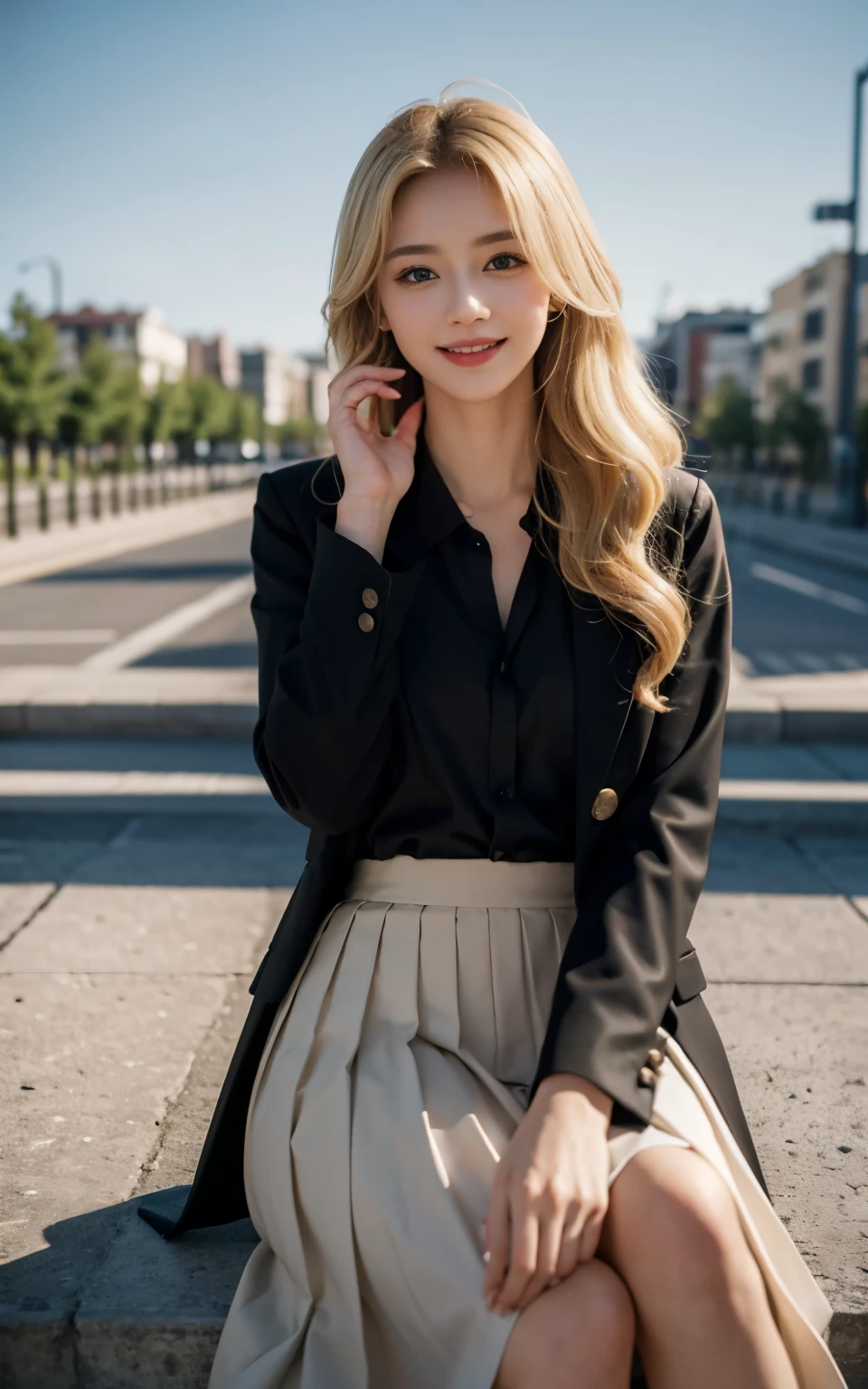 （8k， best quality， master piece： 1.2）， （realistic， Realistic： 1.2）， adorable， solo， the sky is beautiful and clear， night， moisture， view audience， （Sit down： 1.5）， date， Future， （nose brush），（smile：1.15），（closed your mouth）small breasts，Delicate eyes，（deep blonde：1），（long curly blonde hair：1.1），Floating hair NovaFrogStyle， black suit jacket，Button T-shirt，beige pleated skirt，put on makeup，Lover's smile，with love，（8k, yes，RAW photo：1.2