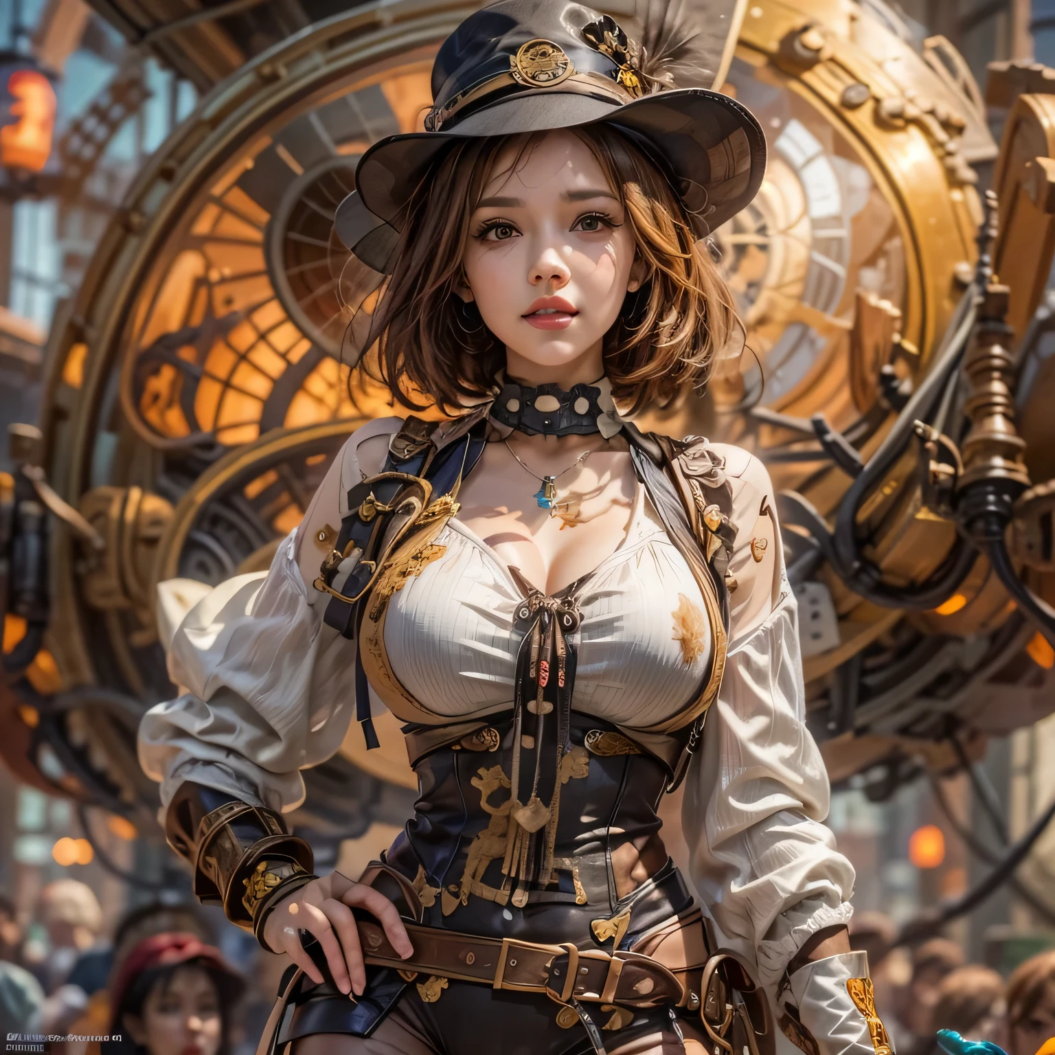 suggestive pose, random hair color, random eye color, Tenebrism art style painting,oil on canvas,(((huge big natural saggy breasts,very noticeable cameltoe))),steampunk airship background landscape,Complete Steampunk Clothes Intricade Details, WLOP, sakimichan,greg latkowski, Alphonse Mucha, Makoto Shinkai, Stanley Art Jem Lau, los dross, surreal,art station trends, unreal engine 5, 8k,concept art,digital paint, splash art, splash paint, facial portrait,grunge painting, written by banksy, Written by Greg Tocchini, Written by James Gillard, Written by Joe Fenton, Written by Keith Butcher, very detailed, symmetrical, octane rendering, concept art, Artistic, cinematic, super sharp focus, very detailed, Vibrant soul, perfection