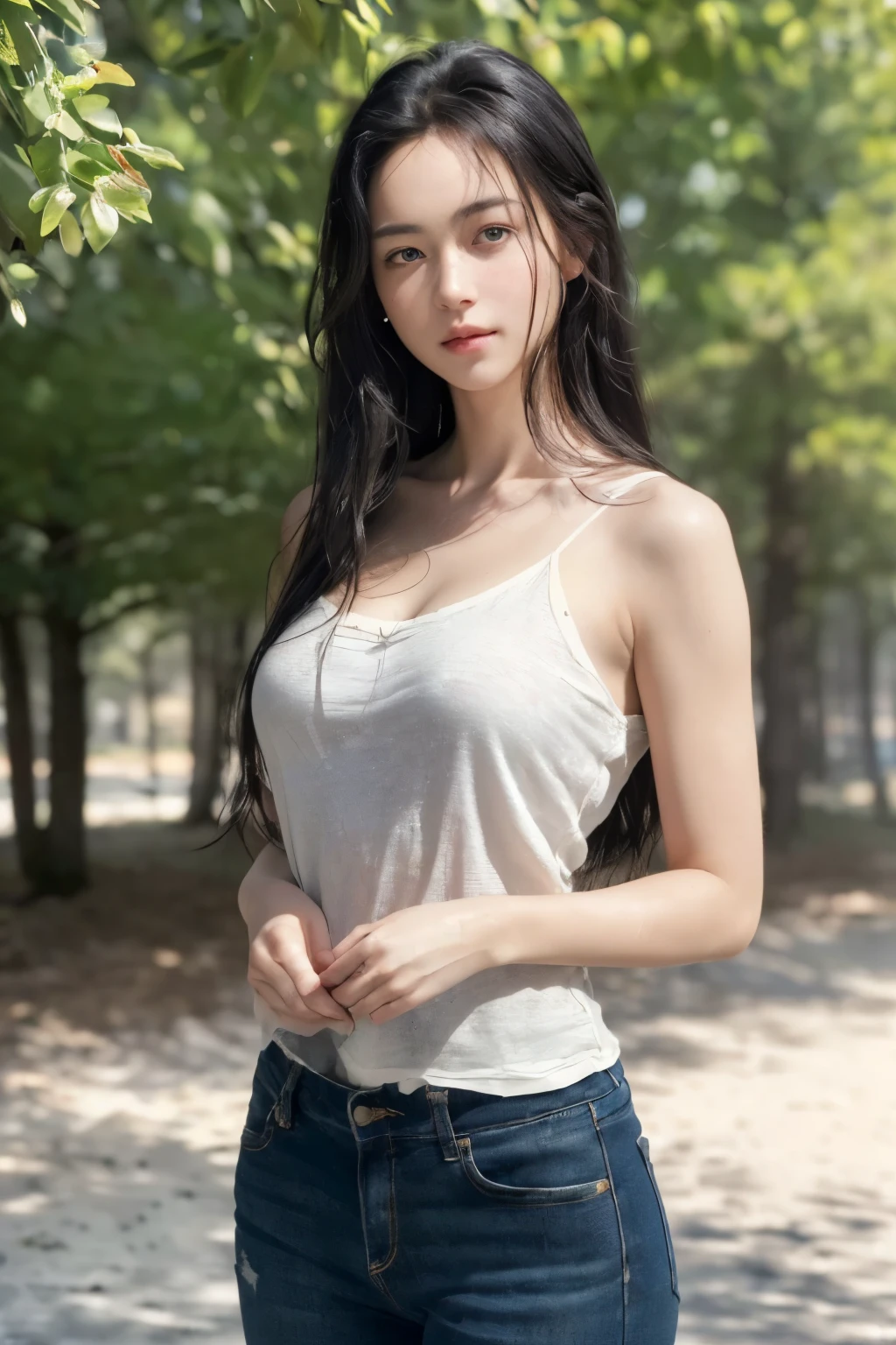 (8k, RAW photo, best quality, masterpiece:1.3),(realistic, photo-realistic:1.37),realistic skin texture,(photorealistic:1.3),(hyperrealistic:1.2),
1 cute girl,solo,( beautiful eyes:1.2),perfect face,standing,black hair,long hair,outdoors,
