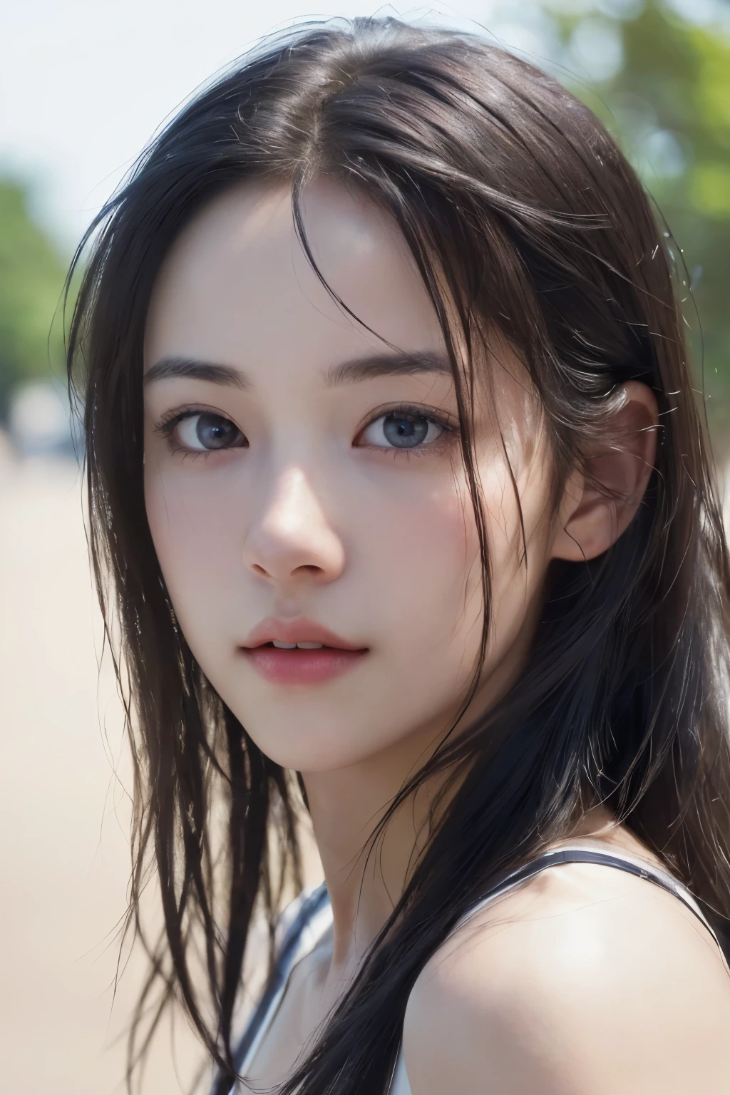 (8k, RAW photo, best quality, masterpiece:1.3),(realistic, photo-realistic:1.37),realistic skin texture,(photorealistic:1.3),(hyperrealistic:1.2),
1 cute girl,solo,( beautiful eyes:1.2),perfect face,standing,black hair,long hair,outdoors,