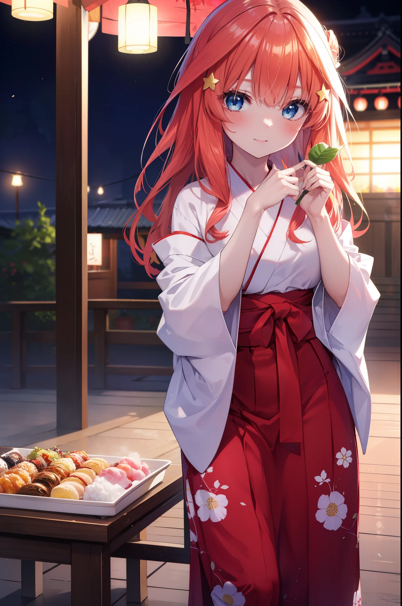 itsukinakano, Itsuki Nakano, bangs, blue eyes, hair between eyes, Ahoge, redhead, star \(symbol\), hair ornaments, star hair ornaments,Akabu's glasses,smile,blush,happy atmosphere,long hair,tie hair back,red floral yukata,long skirt,Zori sandals,Girl in yukata holding a stick with cotton candy at a festival,japanese festival,summer festival stalls,Red lantern,night,
break indoors, shrine,
break (masterpiece:1.2), highest quality, High resolution, unity 8k wallpaper, (shape:0.8), (fine and beautiful eyes:1.6), highly detailed face, perfect lighting, Very detailed CG, (perfect hands, perfect anatomy),