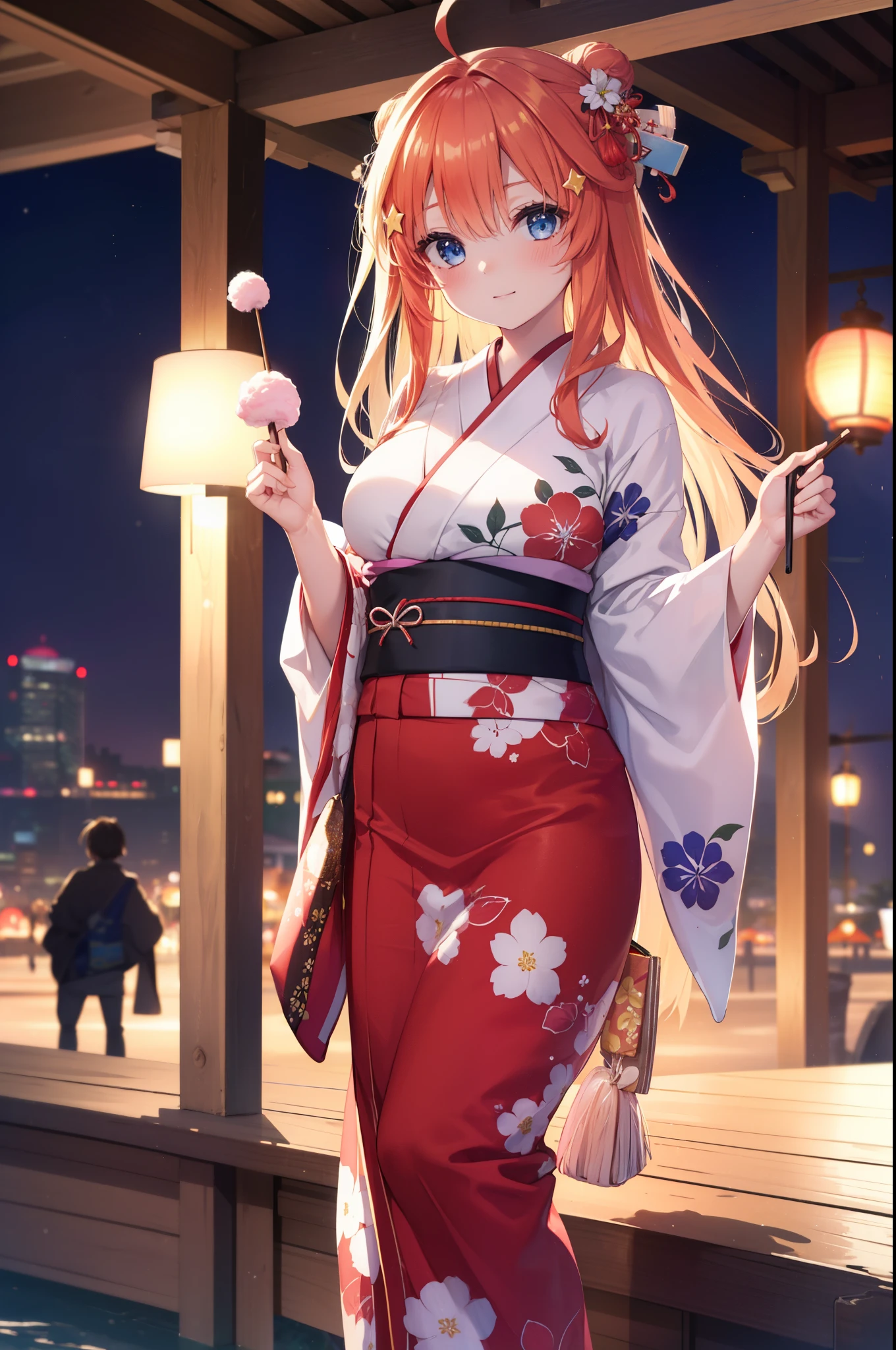 itsukinakano, Itsuki Nakano, bangs, blue eyes, hair between eyes, Ahoge, redhead, star \(symbol\), hair ornaments, star hair ornaments,Akabu's glasses,smile,blush,happy atmosphere,long hair,tie hair back,red floral yukata,long skirt,Zori sandals,Girl in yukata holding a stick with cotton candy at a festival,japanese festival,summer festival stalls,Red lantern,night,
break indoors, shrine,
break (masterpiece:1.2), highest quality, High resolution, unity 8k wallpaper, (shape:0.8), (fine and beautiful eyes:1.6), highly detailed face, perfect lighting, Very detailed CG, (perfect hands, perfect anatomy),