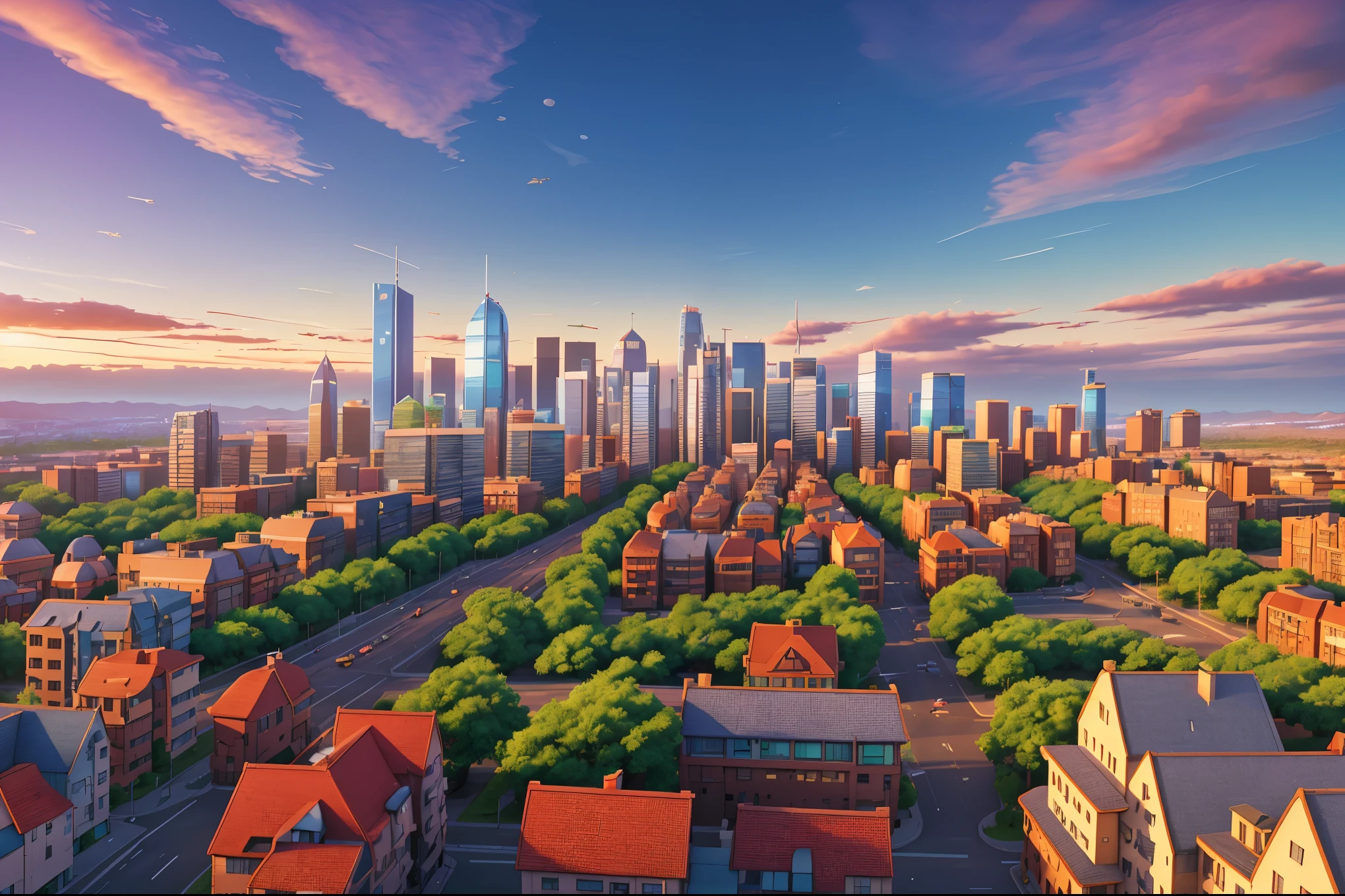 Aerial view of a cityscape from a drone perspective, vibrant sky, detailed architecture, high vantage point, drone lens quality, scenic lighting, rich details, top-down angle, with cityscape elements, bustling urban scenery, photo-realistic:1.37, HDR, ultra-detailed, studio lighting, vivid colors, sharp focus, elevated view, professional.