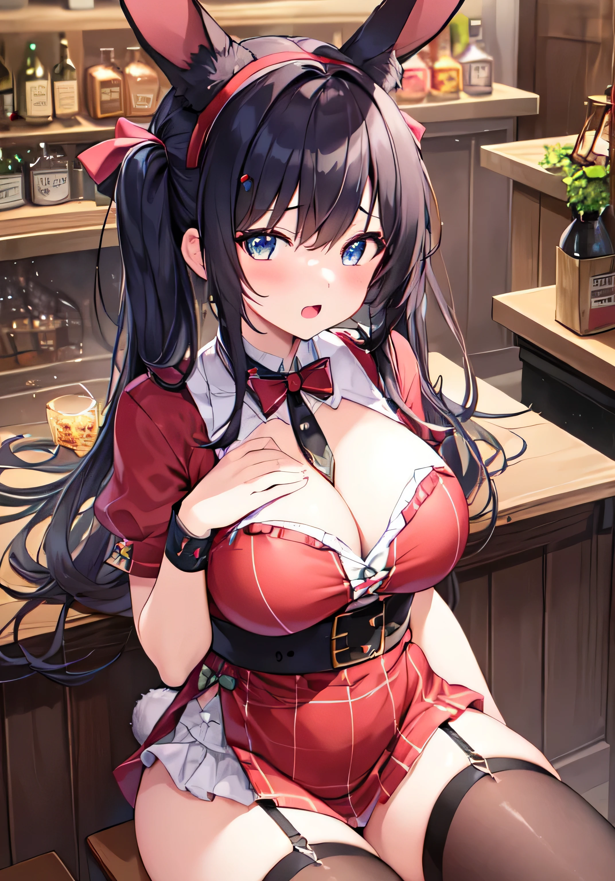 masterpiece、best image quality、ultra high resolution、 girl with big breasts、twin tail hairstyle、black hair、red face、shyly、Open your mouth just a little、Bunny girl costume that shows cleavage、rabbit ears headgear、inside the bar、Take a seat at the counter