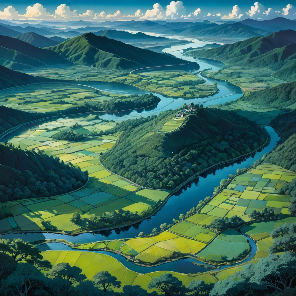 Aerial View, aesthetic, extremely detailed, Aerial View,sweeping panoramic expanse,patchwork quilt of fields,ribbon-like meandering rivers,steel-and-glass urban sprawl,fleeting shadows of passing clouds,terrain undulating with hills and valleys,dappled sunlight kissing treetops,muted palette of earth tones,night,low-light amplification,star-speckled sky,moonlit landscape,ethereal glow from distant towns,shadows stretching into oblivion,camera settings,wide aperture,high ISO,slow shutter speed,steady drone stabilization,manual focus adjusted for infinite view,mood/feelings and atmosphere,tranquil serenity,quietude of the world from above,melancholic beauty in isolation,sublime sense of scale,artistic medium as well as techniques,digital painting,oil on canvas,pointillism,panoramic photography,multiple exposure layering,artists, illustrators, painters, art movements,David Hockney,Yayoi Kusama,Bob Ross,Andy Warhol's pop art,Hudson River School,Japanese Ukiyo-e