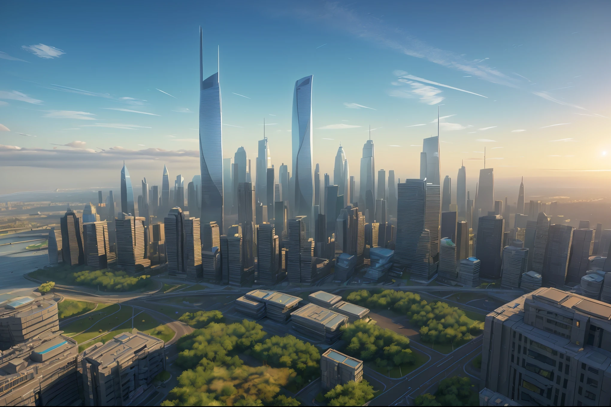 Aerial view of a futuristic city skyline with skyscrapers and buildings, captured by a drone, featuring intricate cloud patterns and dynamic lighting. The scene showcases a modern, urban landscape from a drone's perspective, emphasizing the interplay of light and shadows. The image quality is top-notch, with ultra-high resolution (best quality,4k,8k,highres,masterpiece:1.2), ultra-detailed, and photorealistic (realistic,photorealistic,photo-realistic:1.37). The art style is defined by a blend of landscape and sci-fi elements, with vibrant colors and HDR lighting.