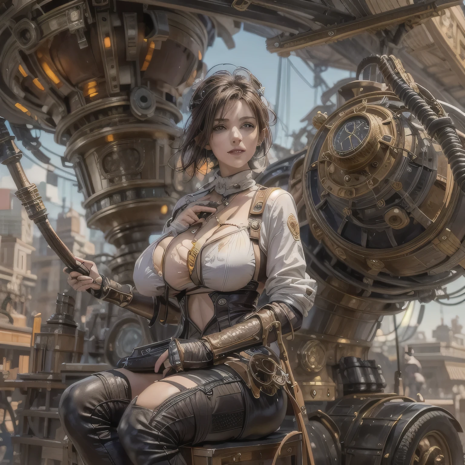 suggestive pose, random hair color, random eye color, Tenebrism art style painting,oil on canvas,(((huge big natural saggy breasts,very noticeable cameltoe))),steampunk airship background landscape,Complete Steampunk Clothes Intricade Details, WLOP, sakimichan,greg latkowski, Alphonse Mucha, Makoto Shinkai, Stanley Art Jem Lau, los dross, surreal,art station trends, unreal engine 5, 8k,concept art,digital paint, splash art, splash paint, facial portrait,grunge painting, written by banksy, Written by Greg Tocchini, Written by James Gillard, Written by Joe Fenton, Written by Keith Butcher, very detailed, symmetrical, octane rendering, concept art, Artistic, cinematic, super sharp focus, very detailed, Vibrant soul, perfection