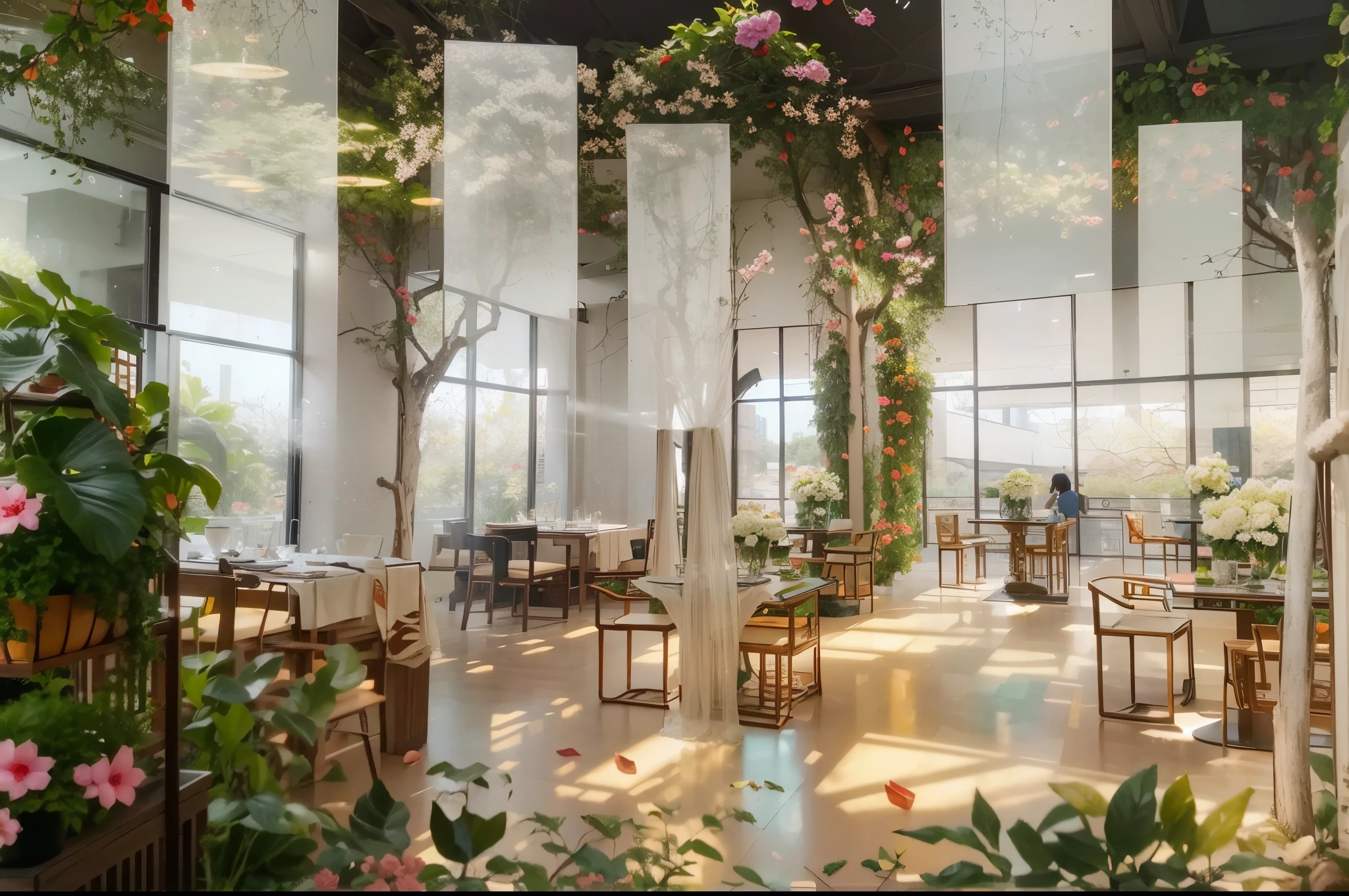 Envision a vibrant Chinese dining room, high-res and ultra-realistic. Transparent glass walls embrace the space, allowing natural sunlight to illuminate the room. Around the table, open greenery and hanging flower arrangements lend an air of tranquility. Chinese furniture, elegant in its simplicity, is highlighted in warm tones that recall V-Ray's signature diagonal tracking style. The meticulous details contribute to an epic visual feast.