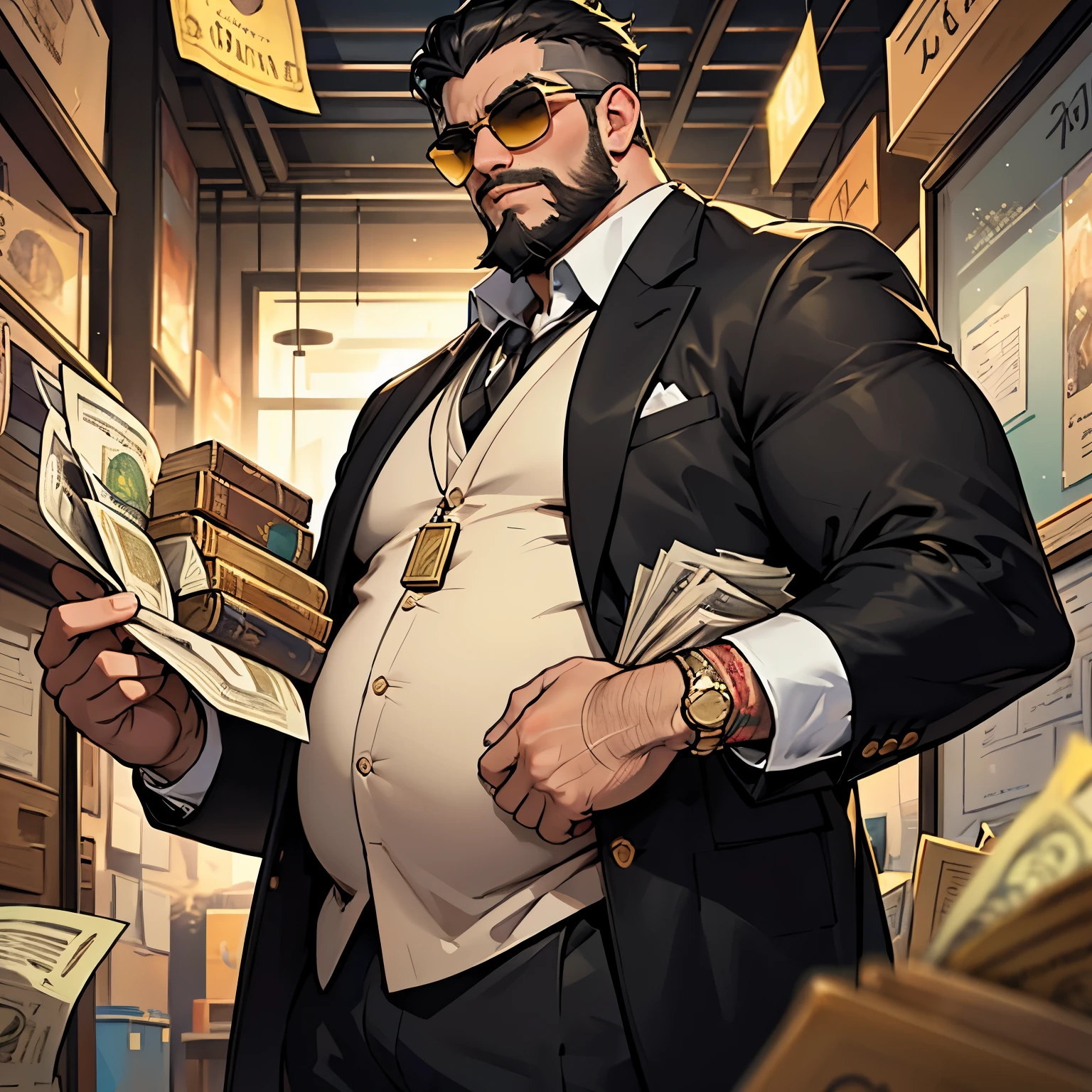 Masterpiece,top quality,day trader,A man who got rich overnight,fat,fat Man,A black-haired one,brief legend,beard,sunglasses,I have a big stomach,Face is big,bold pose,flying banknotes,Flying coins,gold and silver treasure,spotlight,