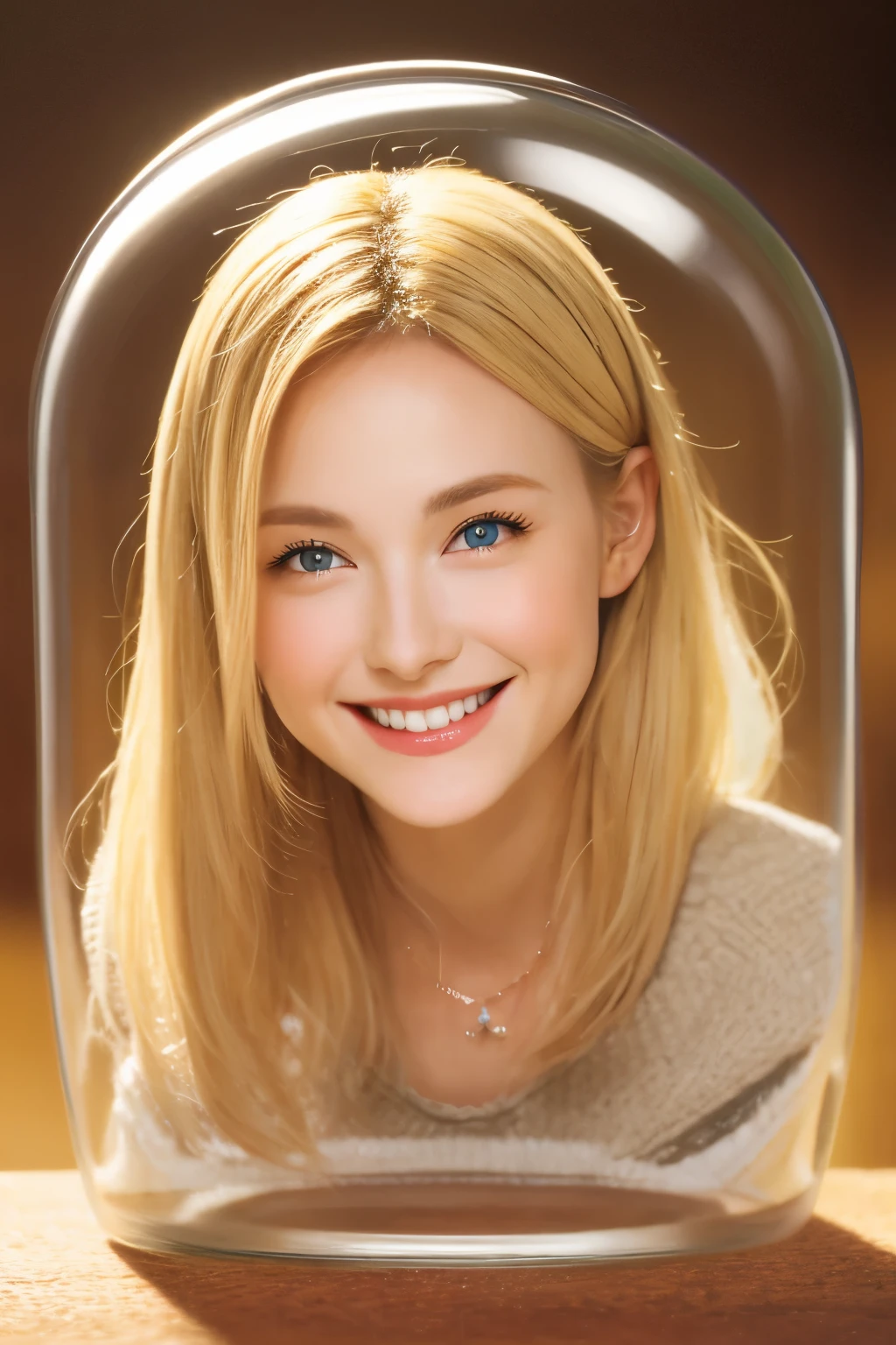 woman in the glasasterpiece:1.6, highest quality), (Beautiful detailed eyes: 1.2), 1 girl, alone, sitting, blonde hair, high resolution、High resolution、realistic、realistic skin texture、21-year-old Japan woman、cute、beautiful woman、smile gently、woman in a cup