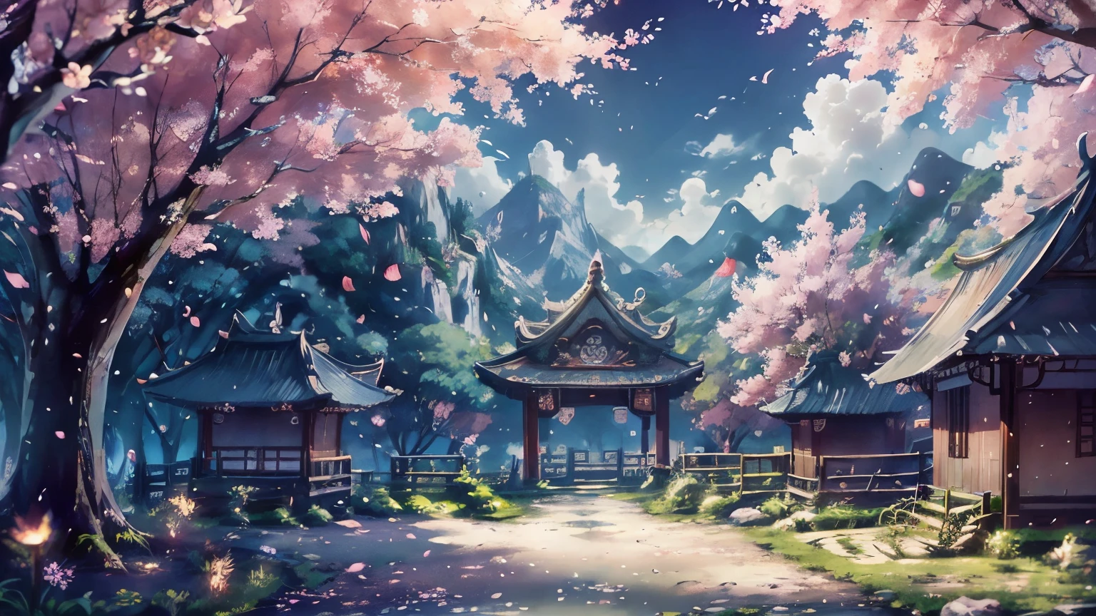 Close-up of cartoon picture of Chinese village, Xunxian mobile game, Xunxian mobile game，Character Sword Rider，Vajra Hercules detailed art, Cartoon rural landscape, 3D virtual landscape painting, Inspired by Ma Yuanyu, Chinese painting style, Popular topics on cgstation, 灵感来自Xunxian mobile game, anime background art, inspired by chinese tradition, Hungry Ghost Festival